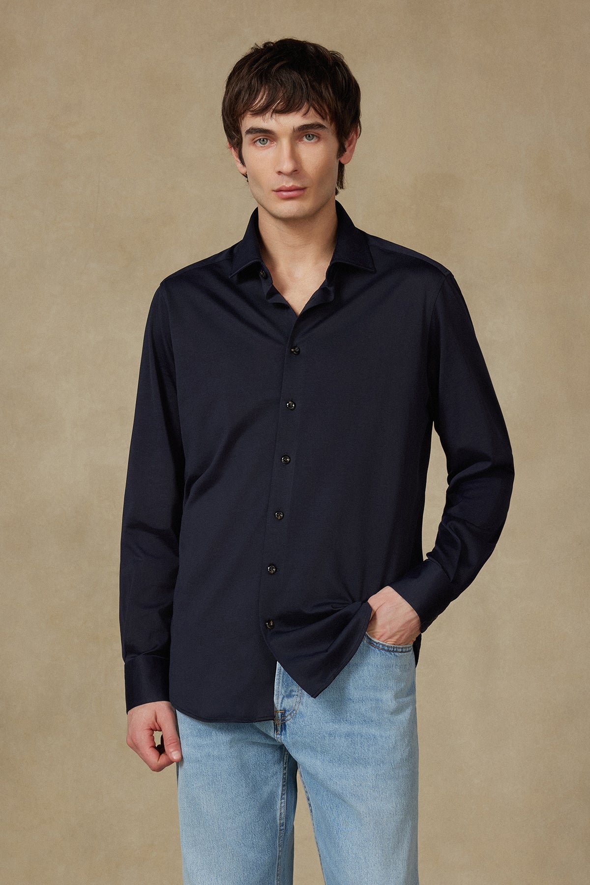 Abbate Floransa Örme Rayon Karışımlı Comfort Fit Lacivert Klasik Yaka Erkek Düz Gömlek