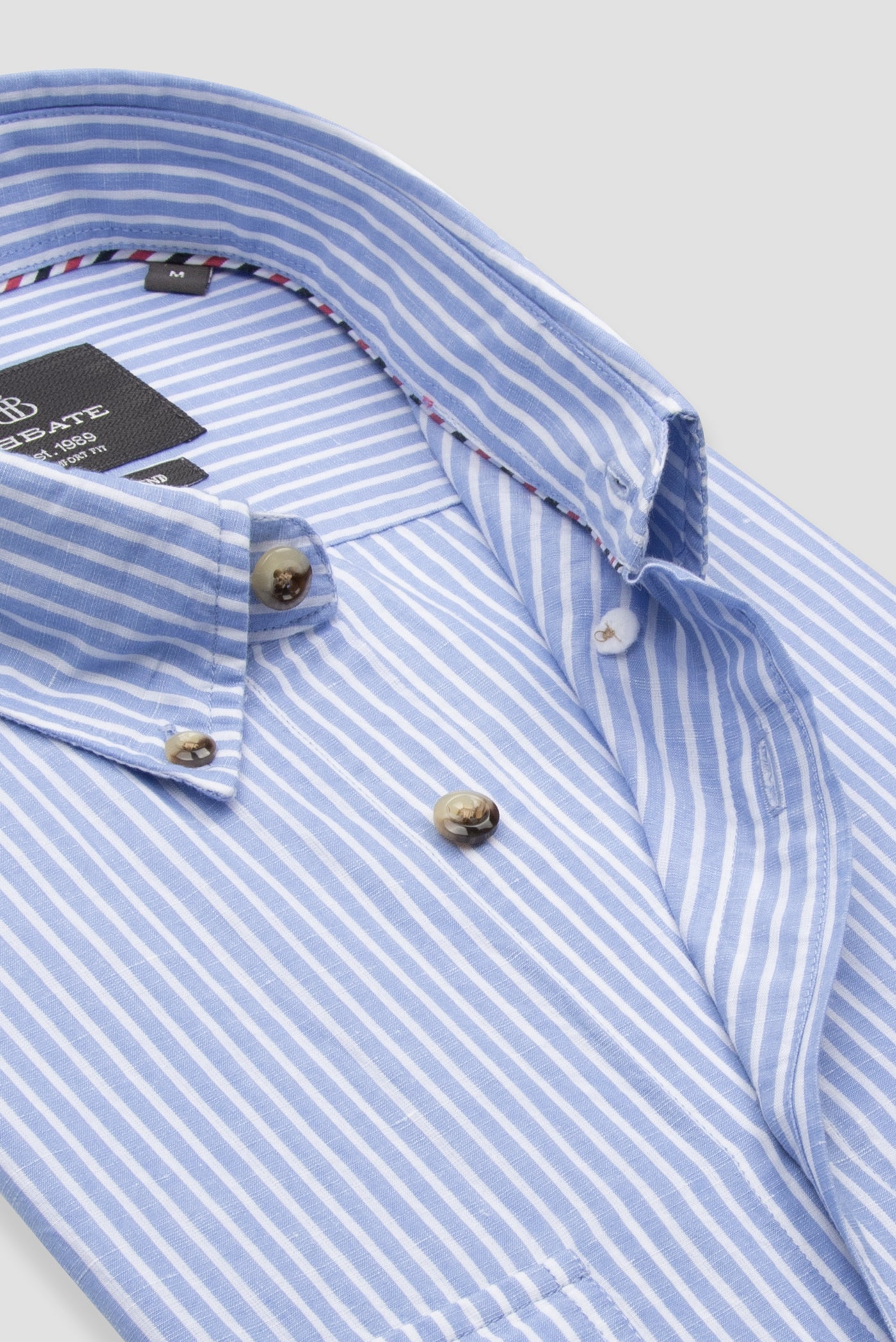 Abbate Alba Keten Pamuk Keten Karışımlı Comfort Fit Mavi Düğmeli Yaka Erkek Çizgili Gömlek