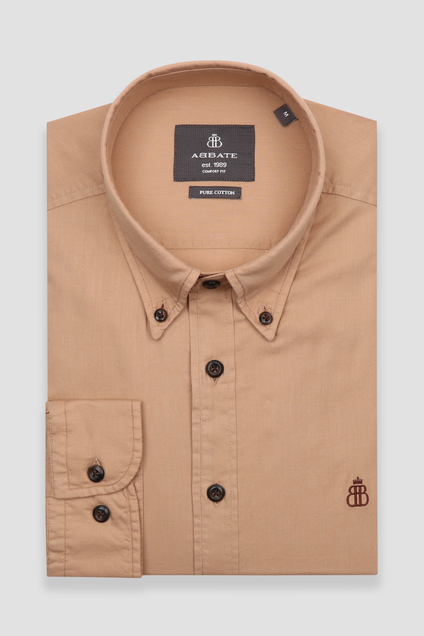 Abbate Mario Poplin Pamuklu Comfort Fit Bej Düğmeli Yaka Erkek Düz Gömlek