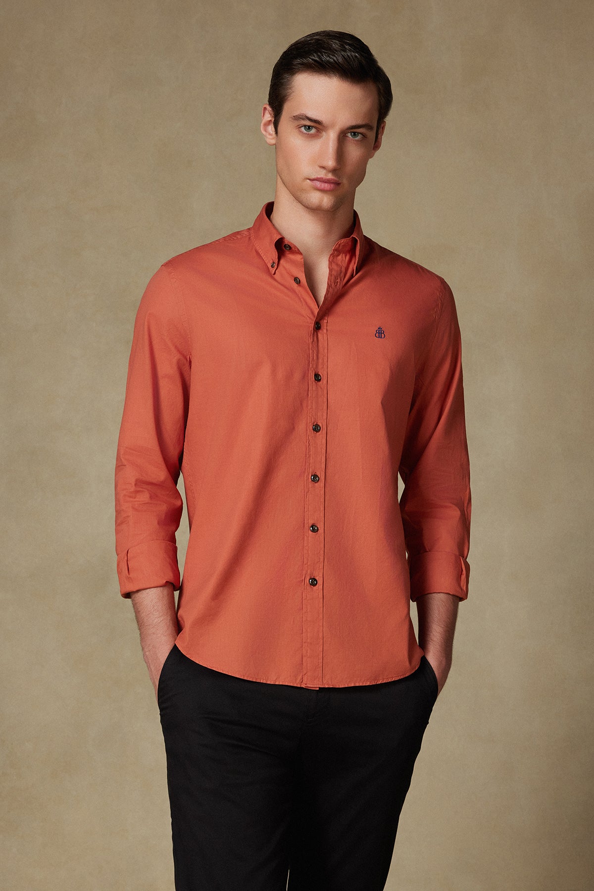 Abbate Mario Poplin Pamuklu Comfort Fit Kiremit Düğmeli Yaka Erkek Düz Gömlek