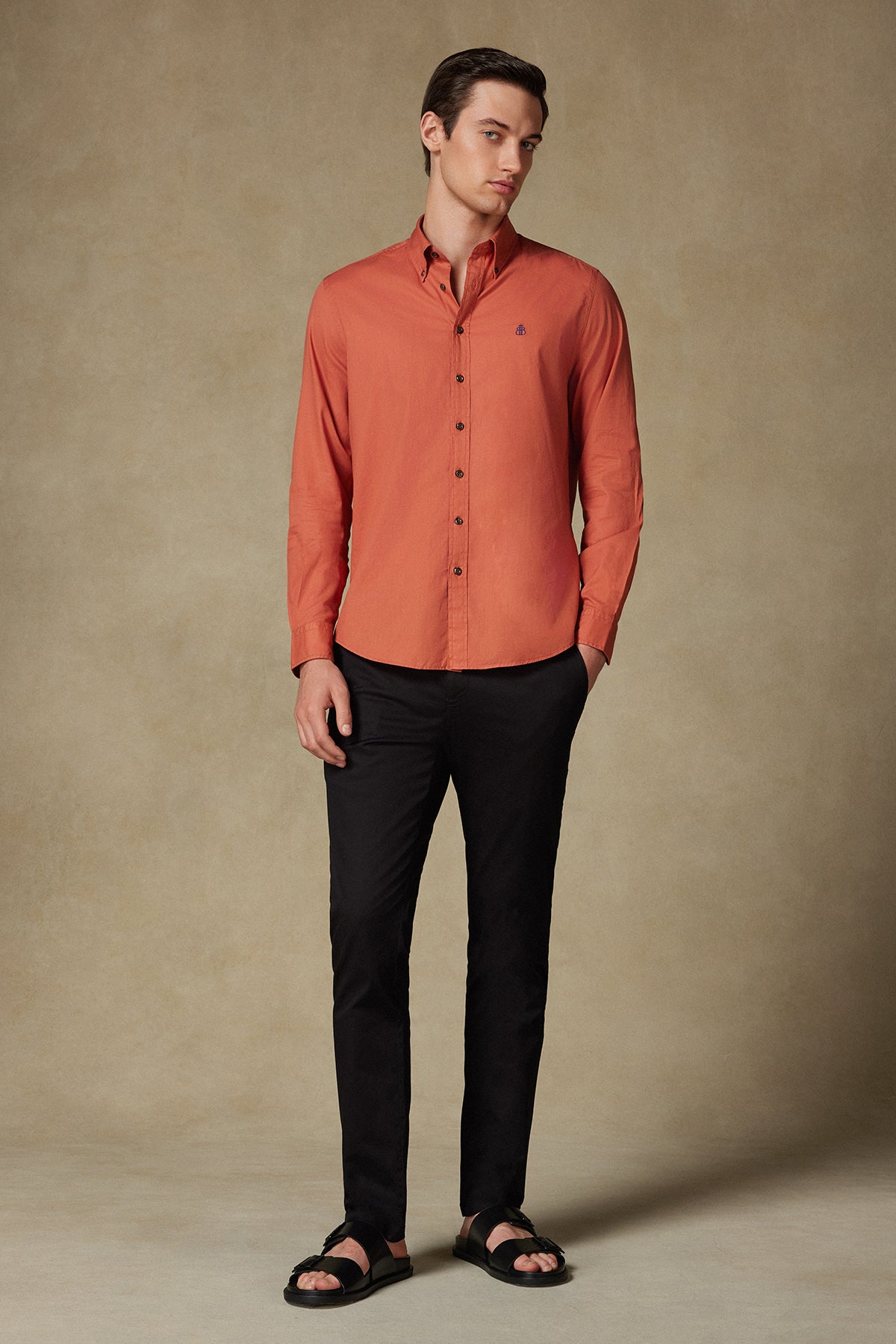 Abbate Mario Poplin Pamuklu Comfort Fit Kiremit Düğmeli Yaka Erkek Düz Gömlek