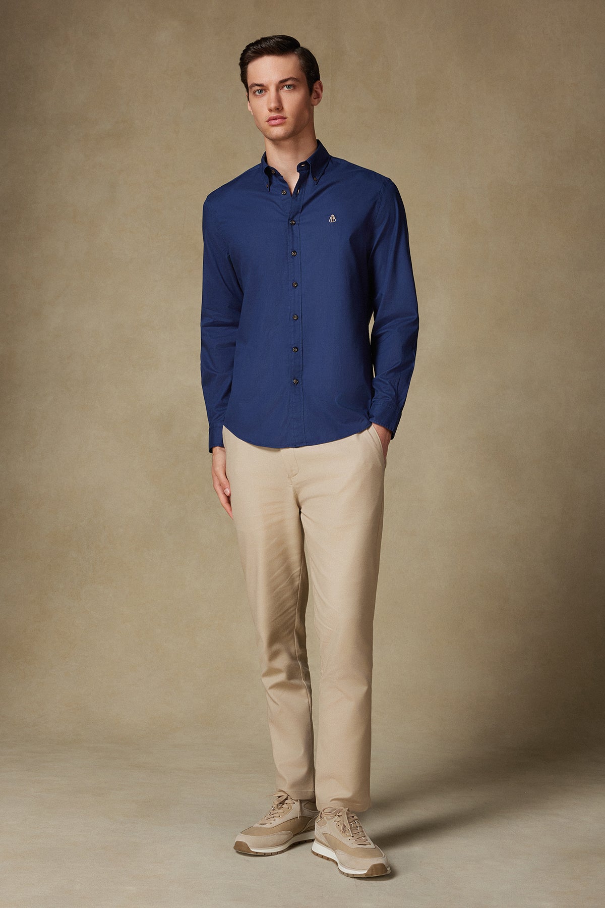 Abbate Mario Poplin Pamuklu Comfort Fit Lacivert Düğmeli Yaka Erkek Düz Gömlek