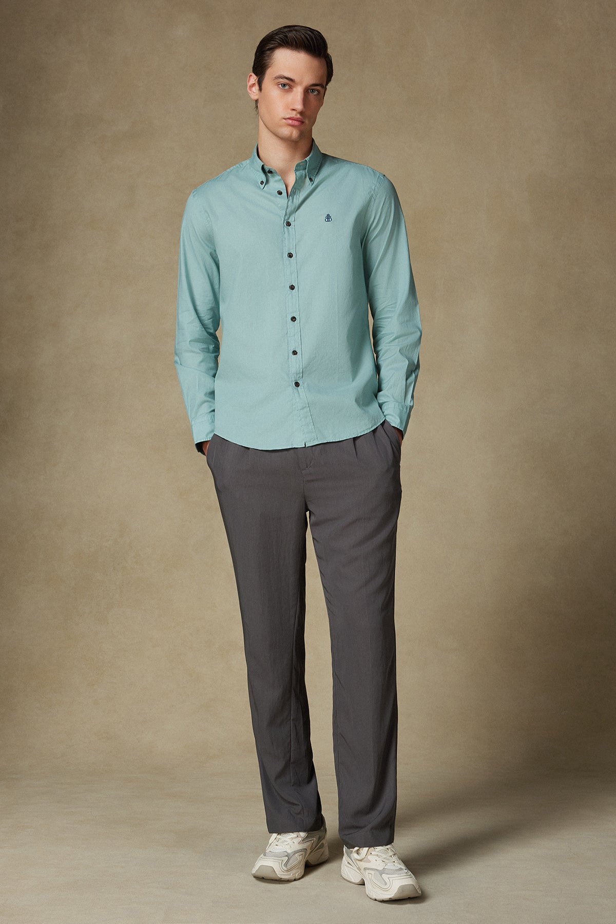 Abbate Mario Poplin Pamuklu Comfort Fit Açık Yeşil Düğmeli Yaka Erkek Düz Gömlek