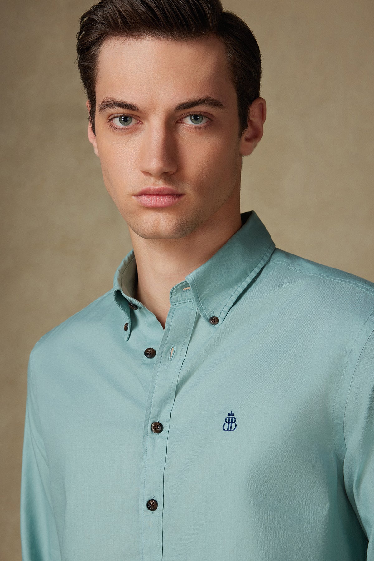 Abbate Mario Poplin Pamuklu Comfort Fit Açık Yeşil Düğmeli Yaka Erkek Düz Gömlek