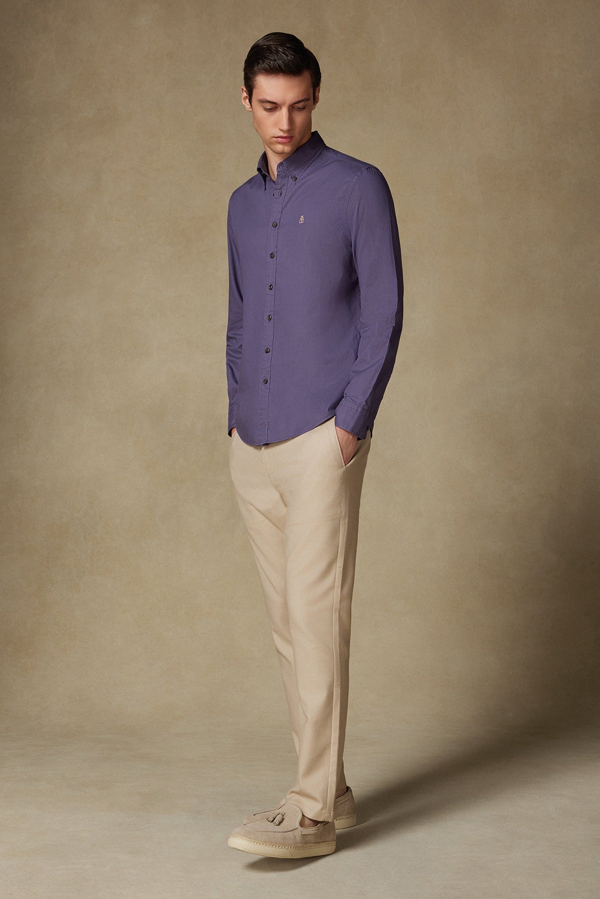 Abbate Mario Poplin Pamuklu Comfort Fit Mürdüm Düğmeli Yaka Erkek Düz Gömlek