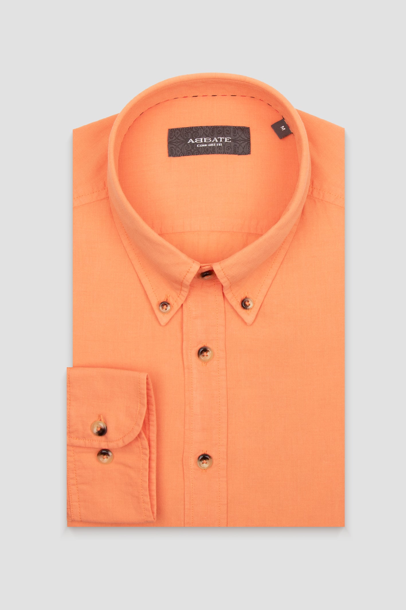 Abbate Mario Keten Pamuk Keten Karışımlı Comfort Fit Turuncu Düğmeli Yaka Erkek Düz Gömlek