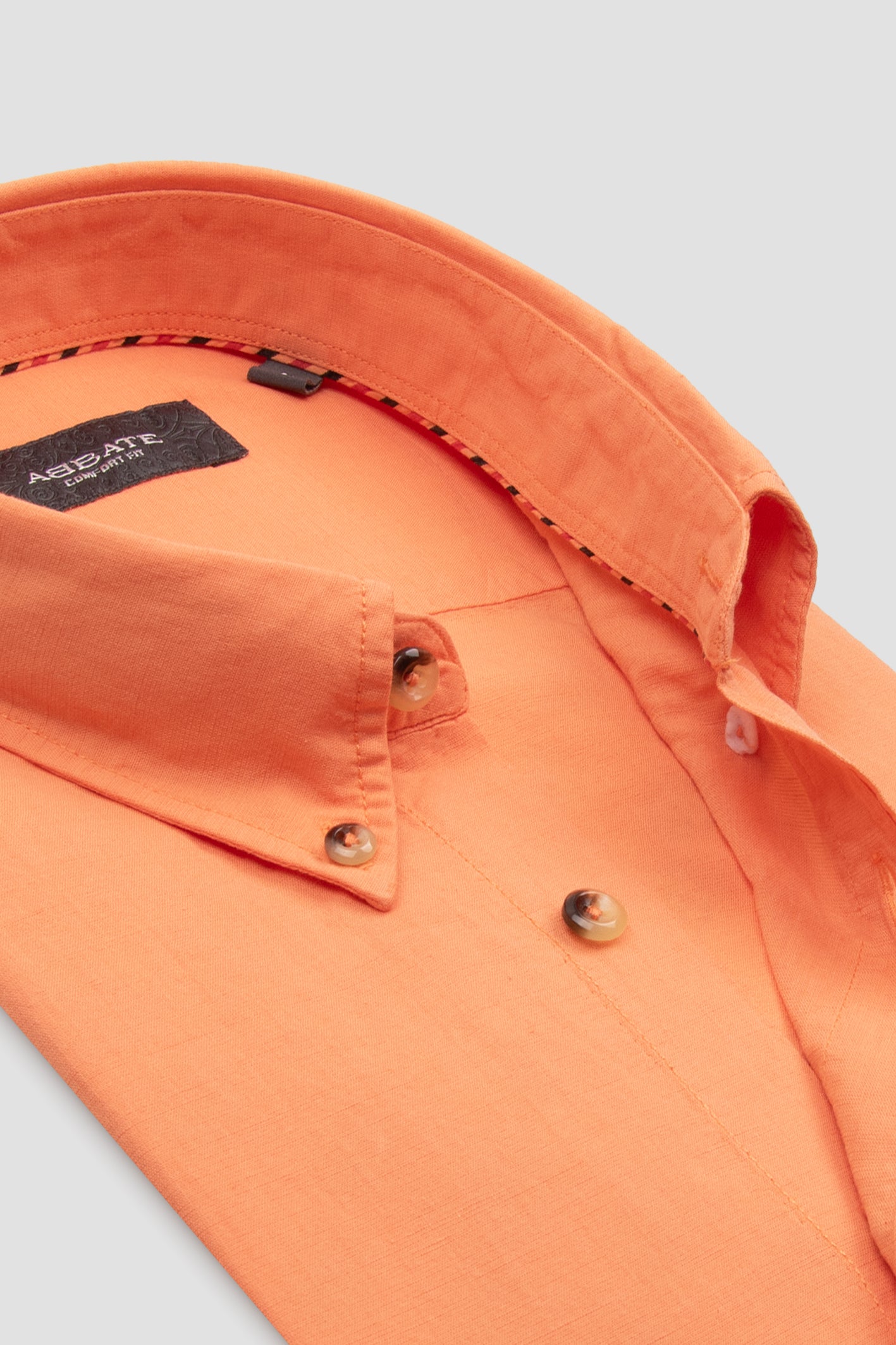 Abbate Mario Keten Pamuk Keten Karışımlı Comfort Fit Turuncu Düğmeli Yaka Erkek Düz Gömlek