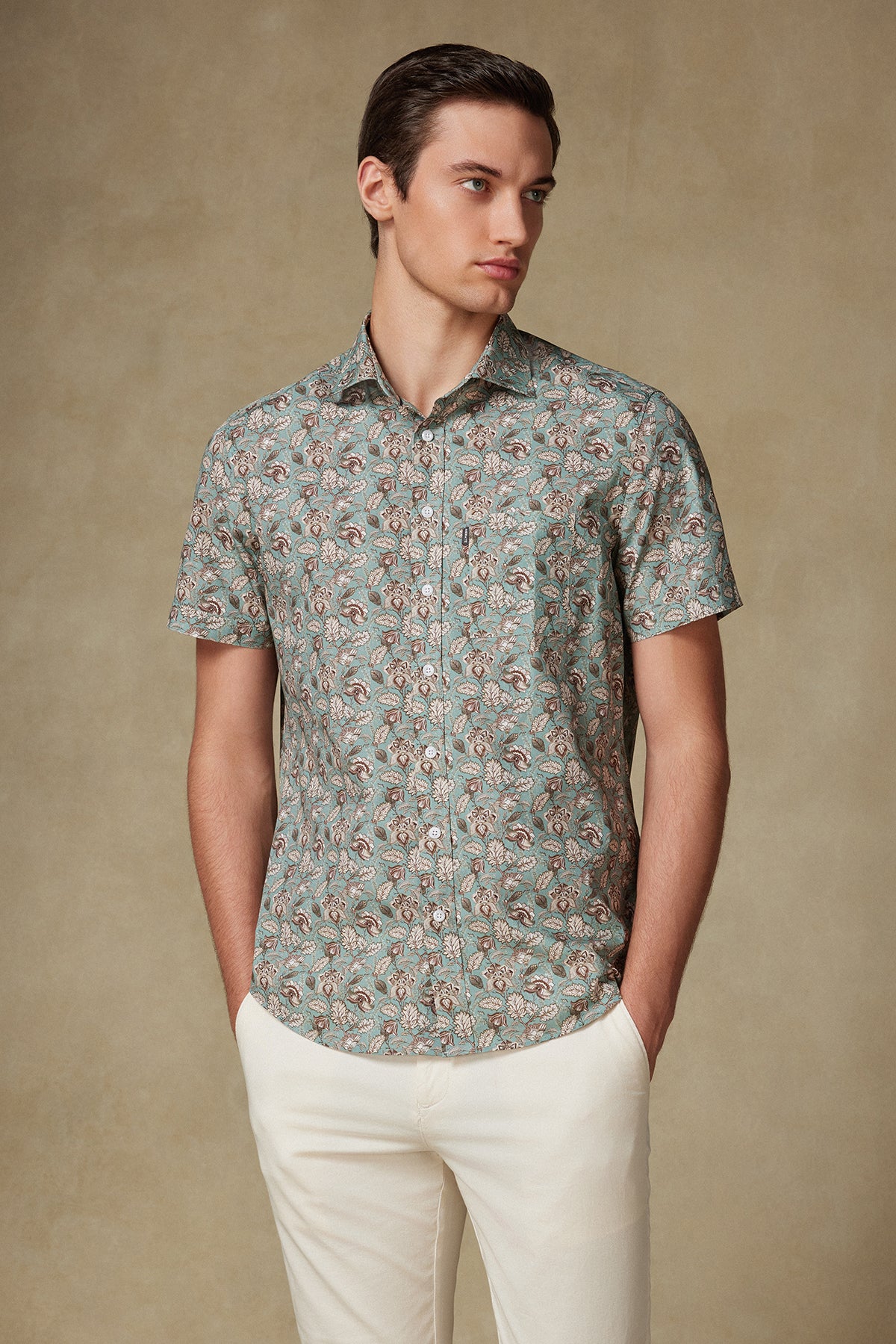 Abbate Vento Poplin Pamuklu Comfort Fit Yeşil Klasik Yaka Erkek Baskılı Gömlek