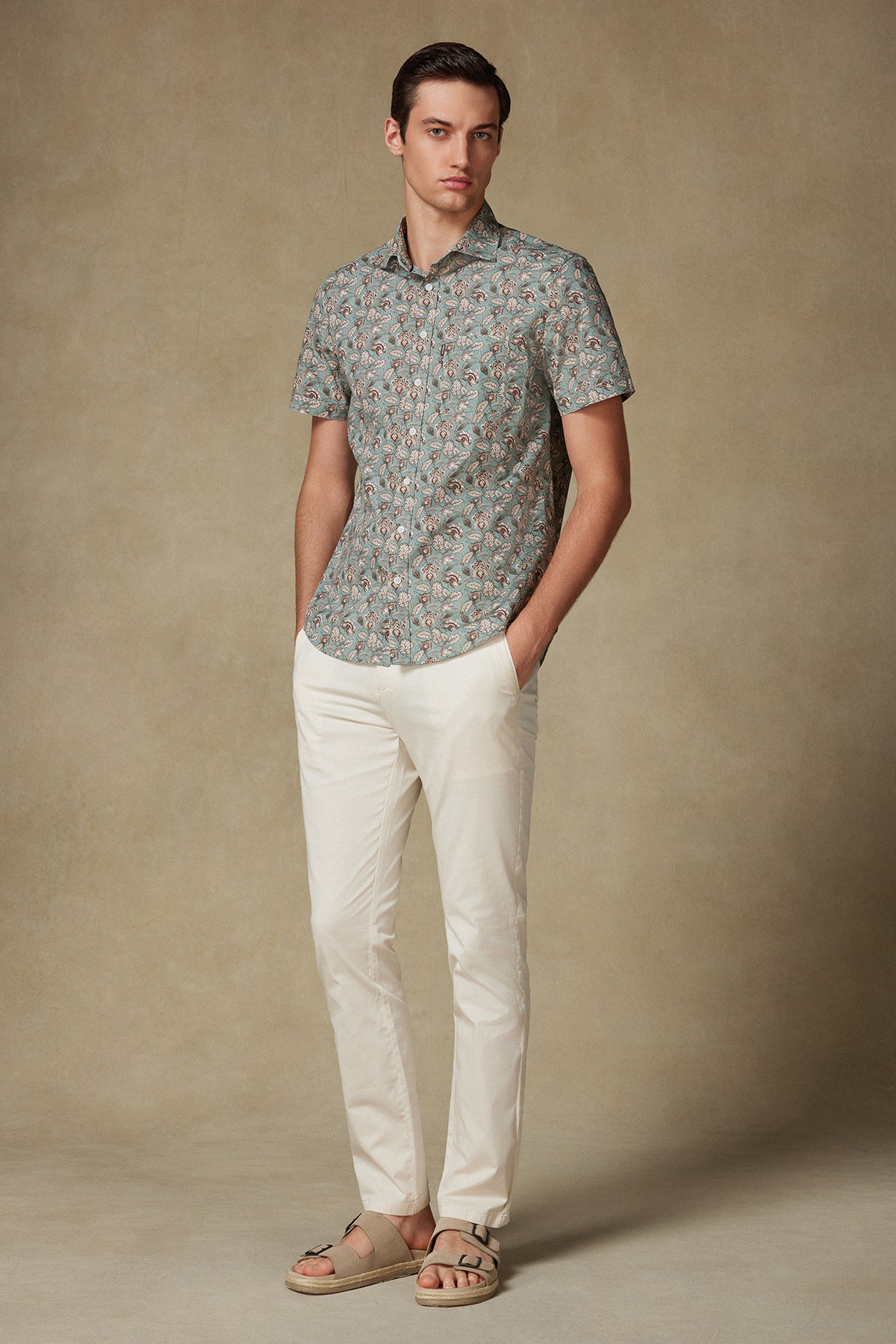 Abbate Vento Poplin Pamuklu Comfort Fit Yeşil Klasik Yaka Erkek Baskılı Gömlek