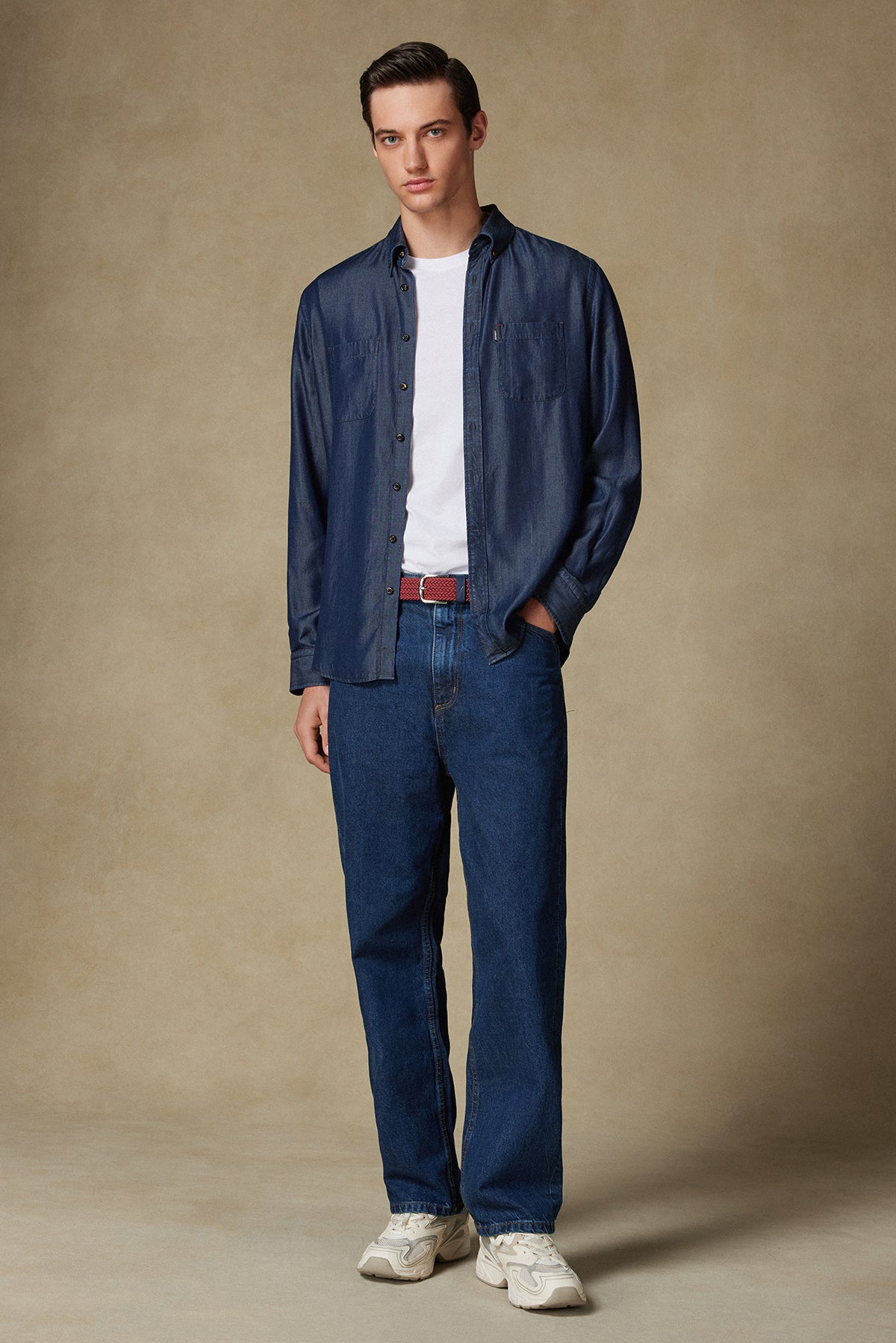 Abbate Gino Denim Tencel (Lyocell) Comfort Fit Lacivert Düğmeli Yaka Erkek Düz Gömlek