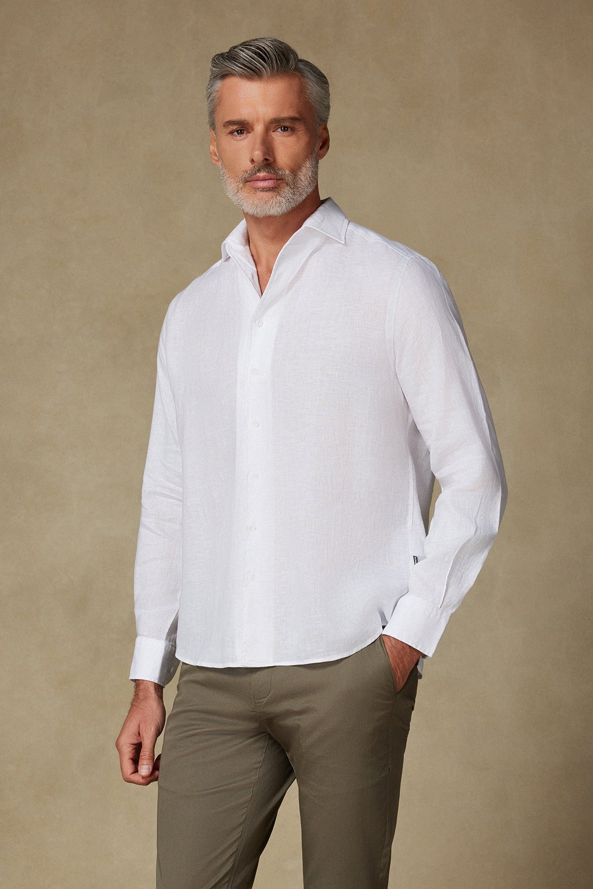 Abbate Bella Keten Keten Comfort Fit Beyaz Mostra Yaka Erkek Düz Gömlek
