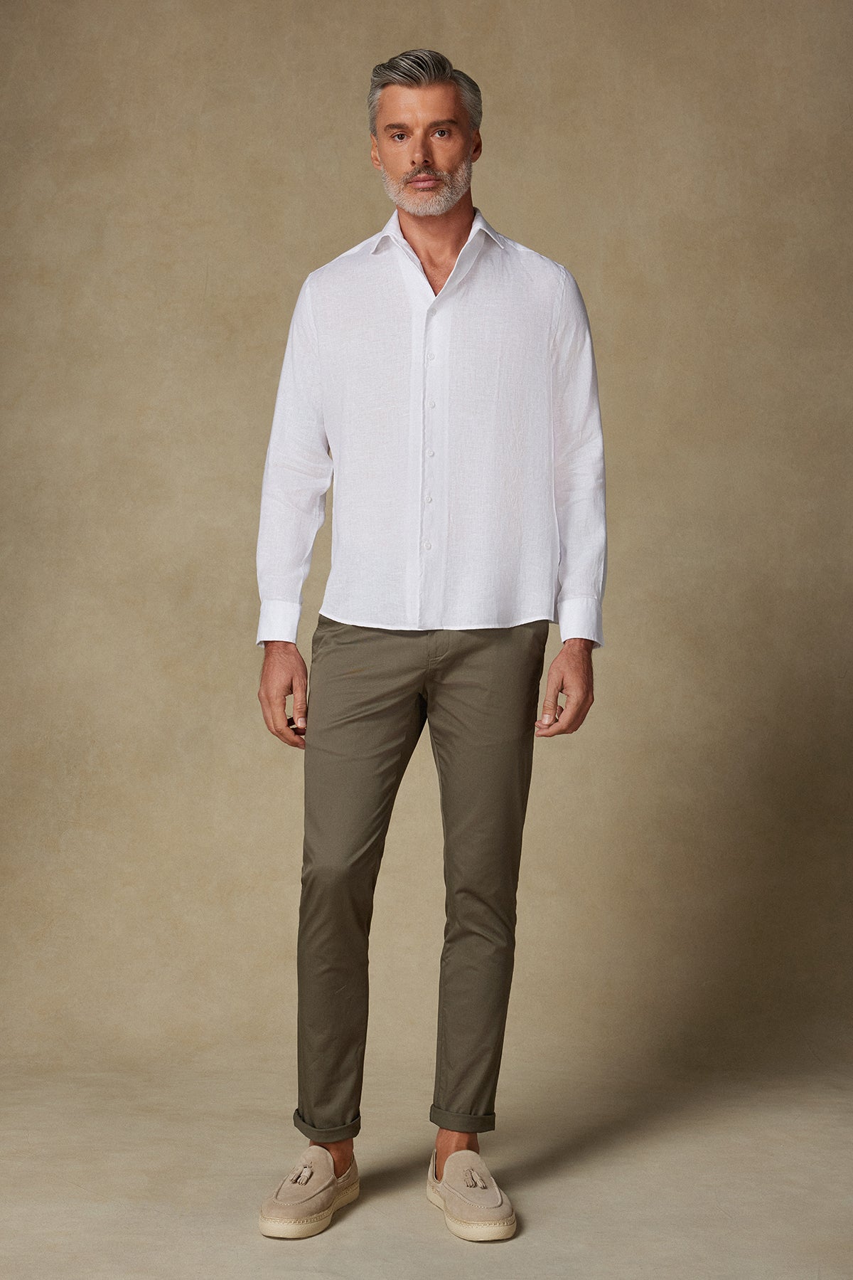 Abbate Bella Keten Keten Comfort Fit Beyaz Mostra Yaka Erkek Düz Gömlek