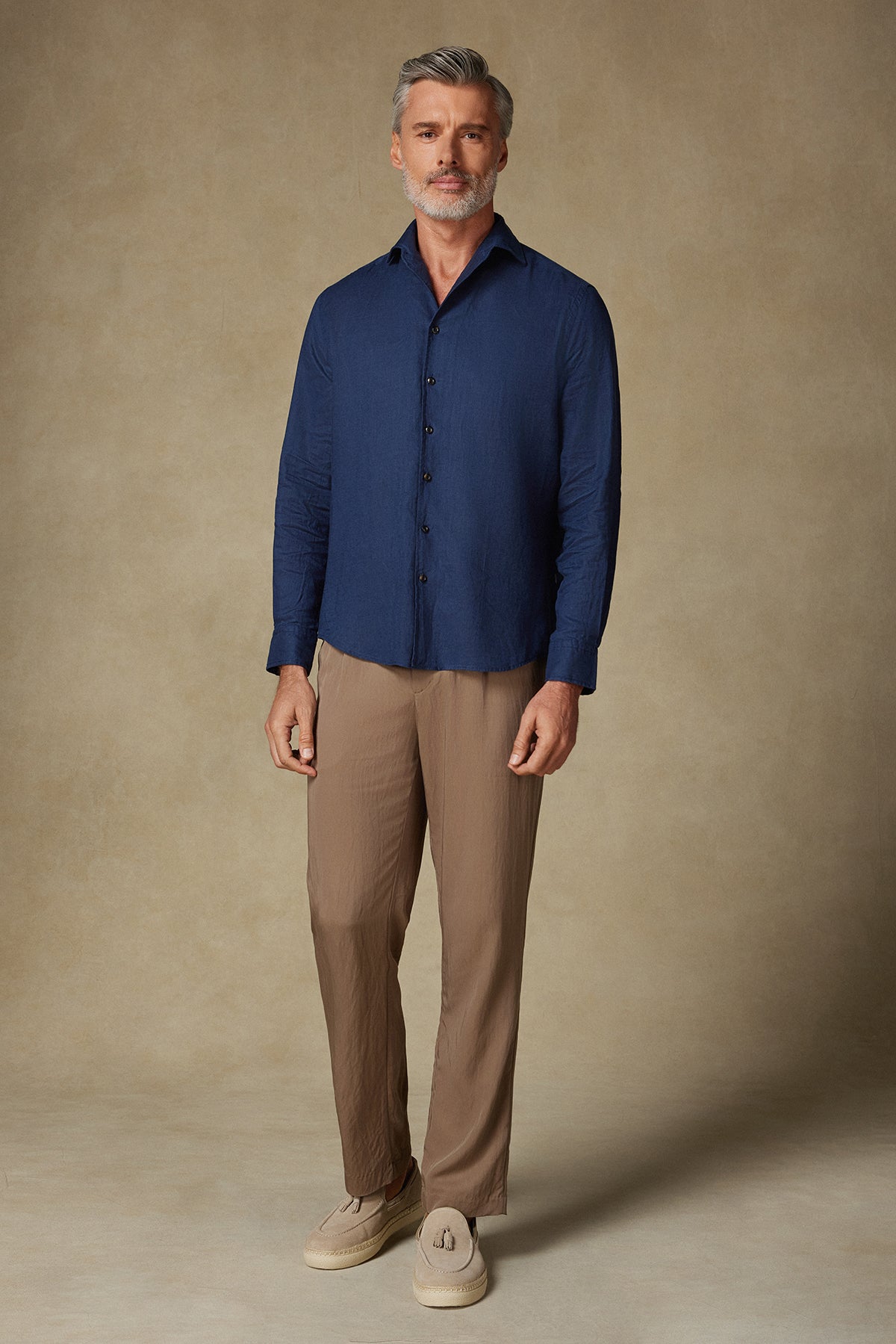 Abbate Bella Keten Keten Comfort Fit Lacivert Mostra Yaka Erkek Düz Gömlek