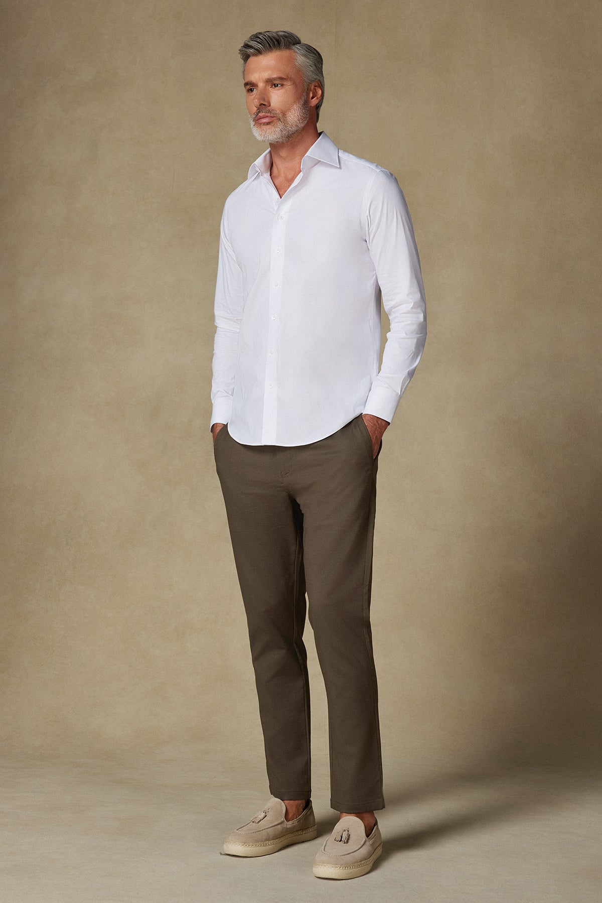 Abbate Sartoria Poplin Stretch Pamuk Karışımlı Slim Fit Beyaz İtalyan Yaka Erkek Düz Gömlek