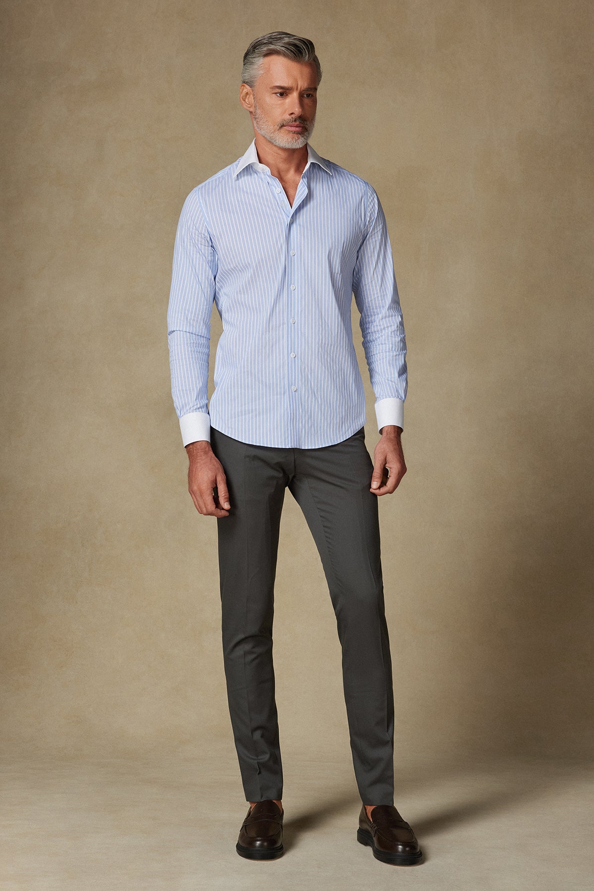 Abbate Sartoria Poplin Stretch Pamuk Karışımlı Slim Fit Açık Mavi İtalyan Yaka Erkek Çizgili Gömlek