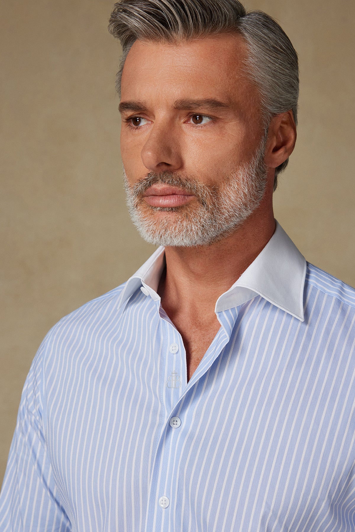 Abbate Sartoria Poplin Stretch Pamuk Karışımlı Slim Fit Açık Mavi İtalyan Yaka Erkek Çizgili Gömlek