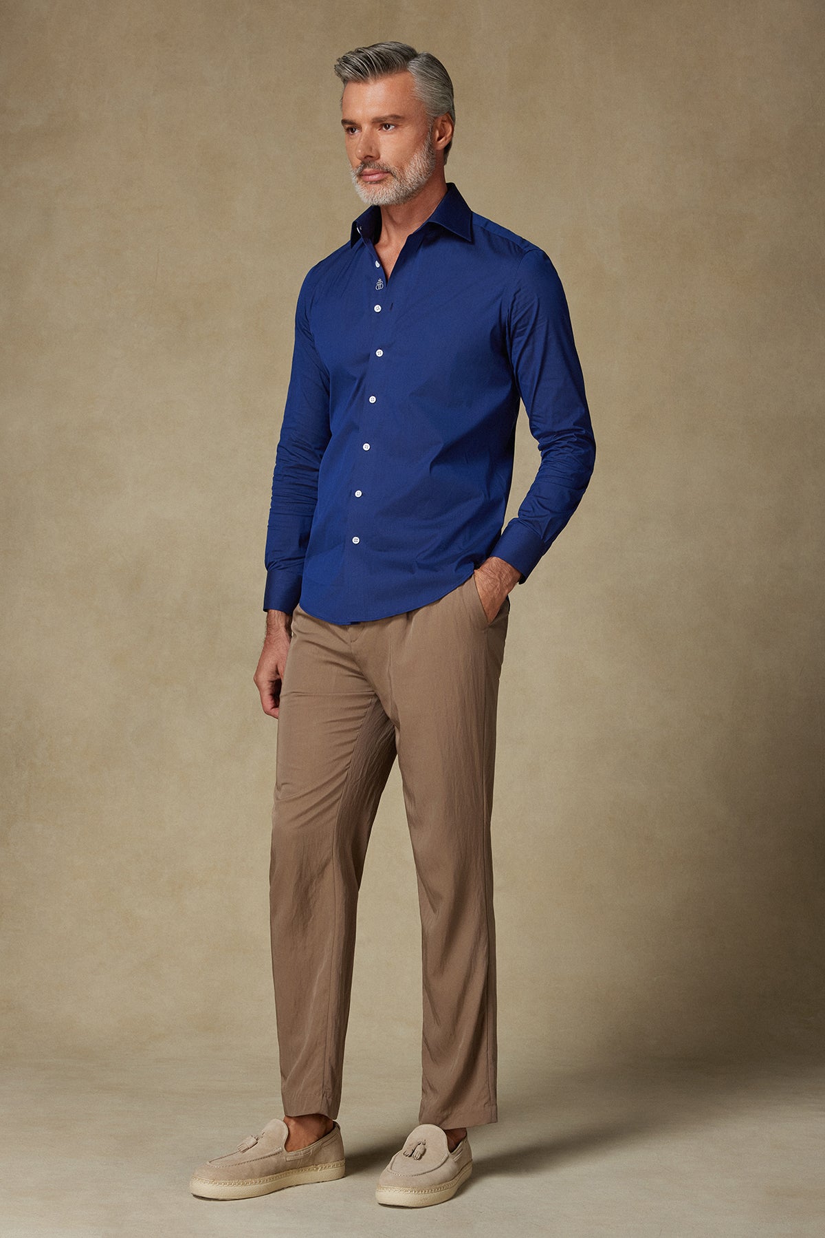 Abbate Sartoria Poplin Stretch Pamuk Karışımlı Slim Fit Lacivert İtalyan Yaka Erkek Düz Gömlek