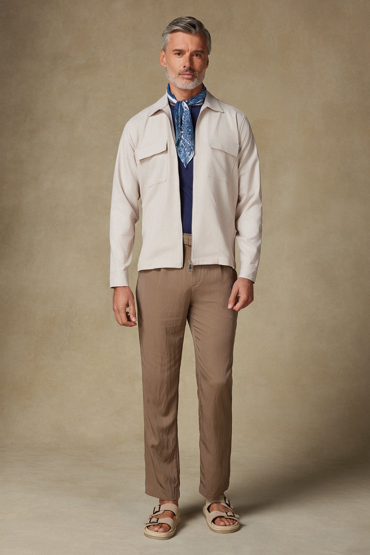 Abbate Verso Twill Polyviskon Karışımlı Overshirt Fit Bej Klasik Yaka Erkek Çizgili Gömlek