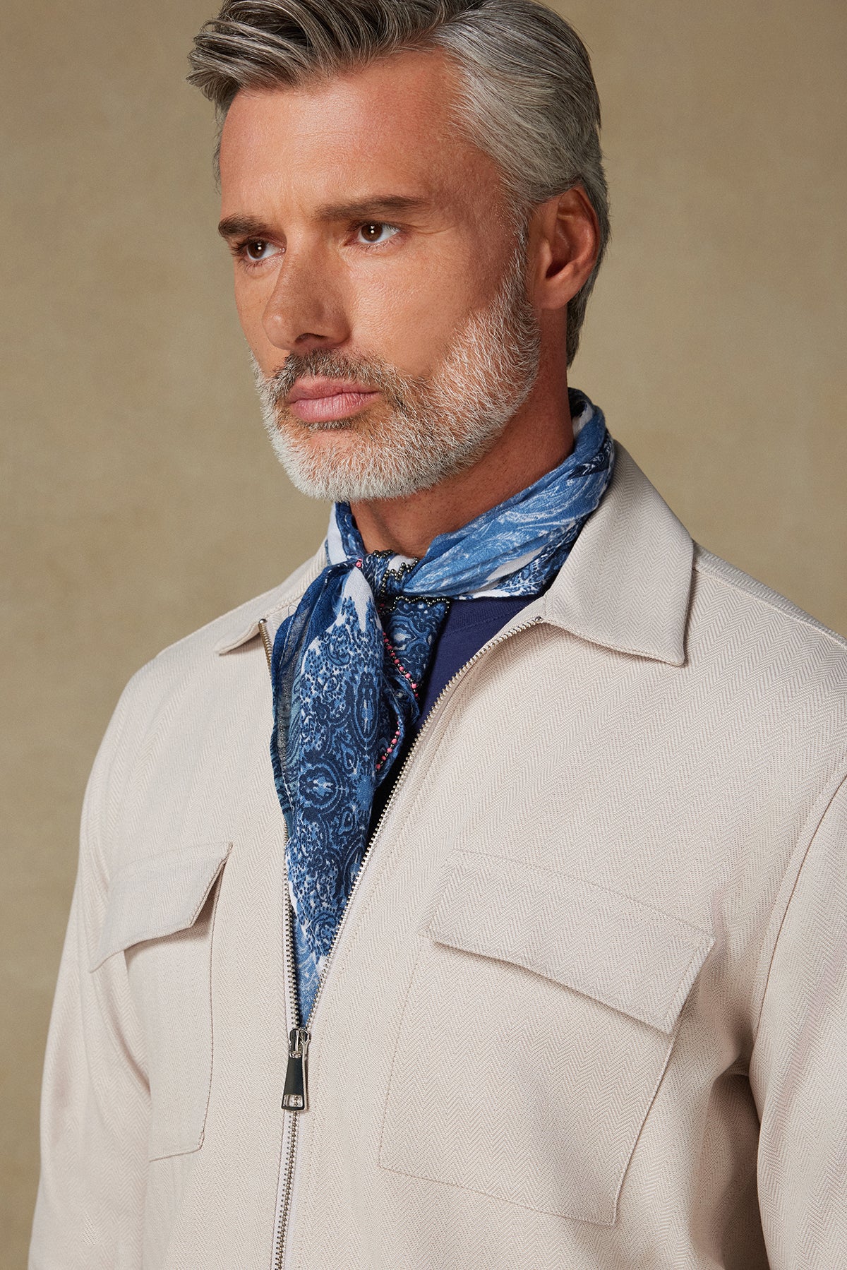 Abbate Verso Twill Polyviskon Karışımlı Overshirt Fit Bej Klasik Yaka Erkek Çizgili Gömlek