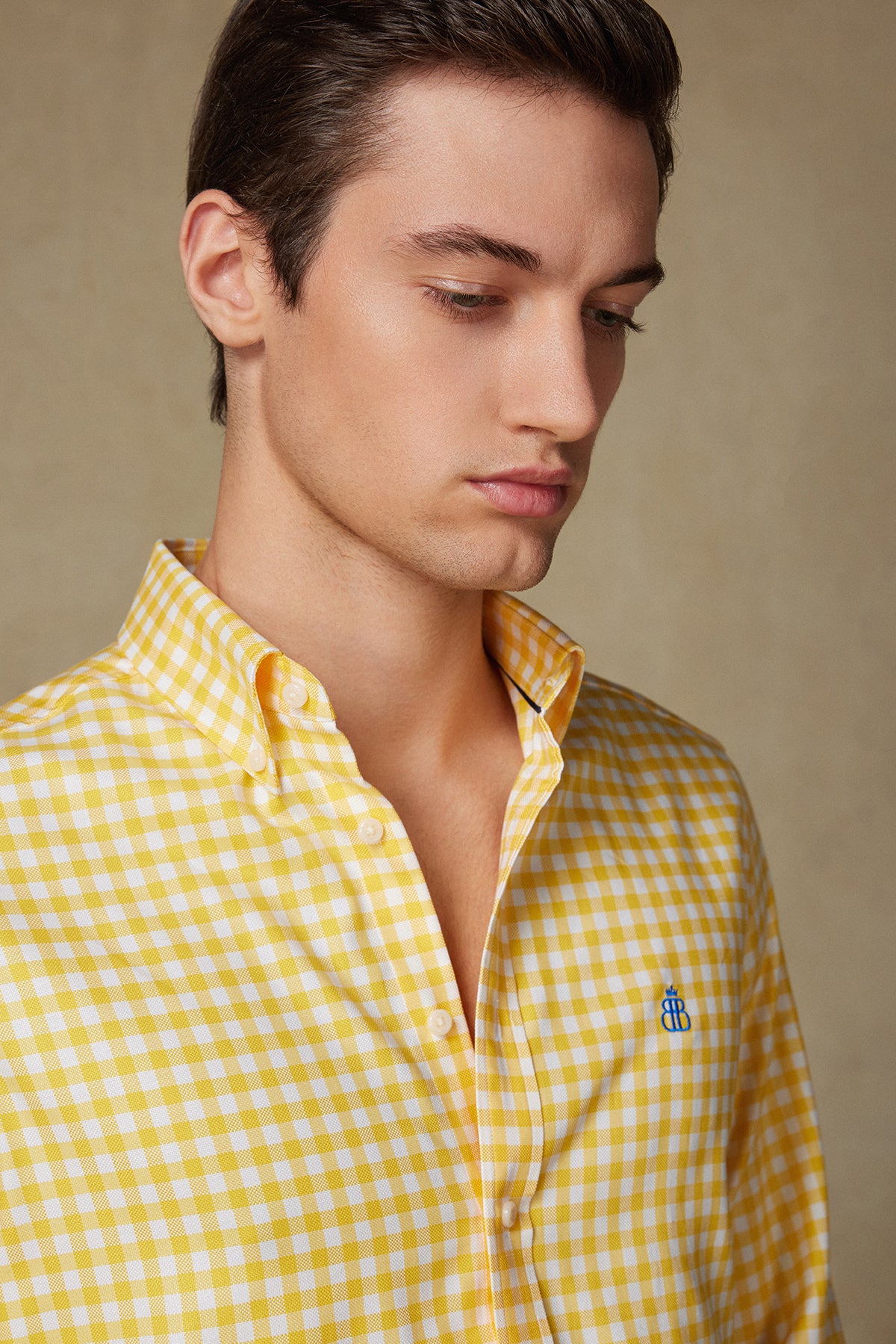 Abbate Lusso Twill Pamuklu Comfort Fit Sarı Düğmeli Yaka Erkek Kareli Gömlek