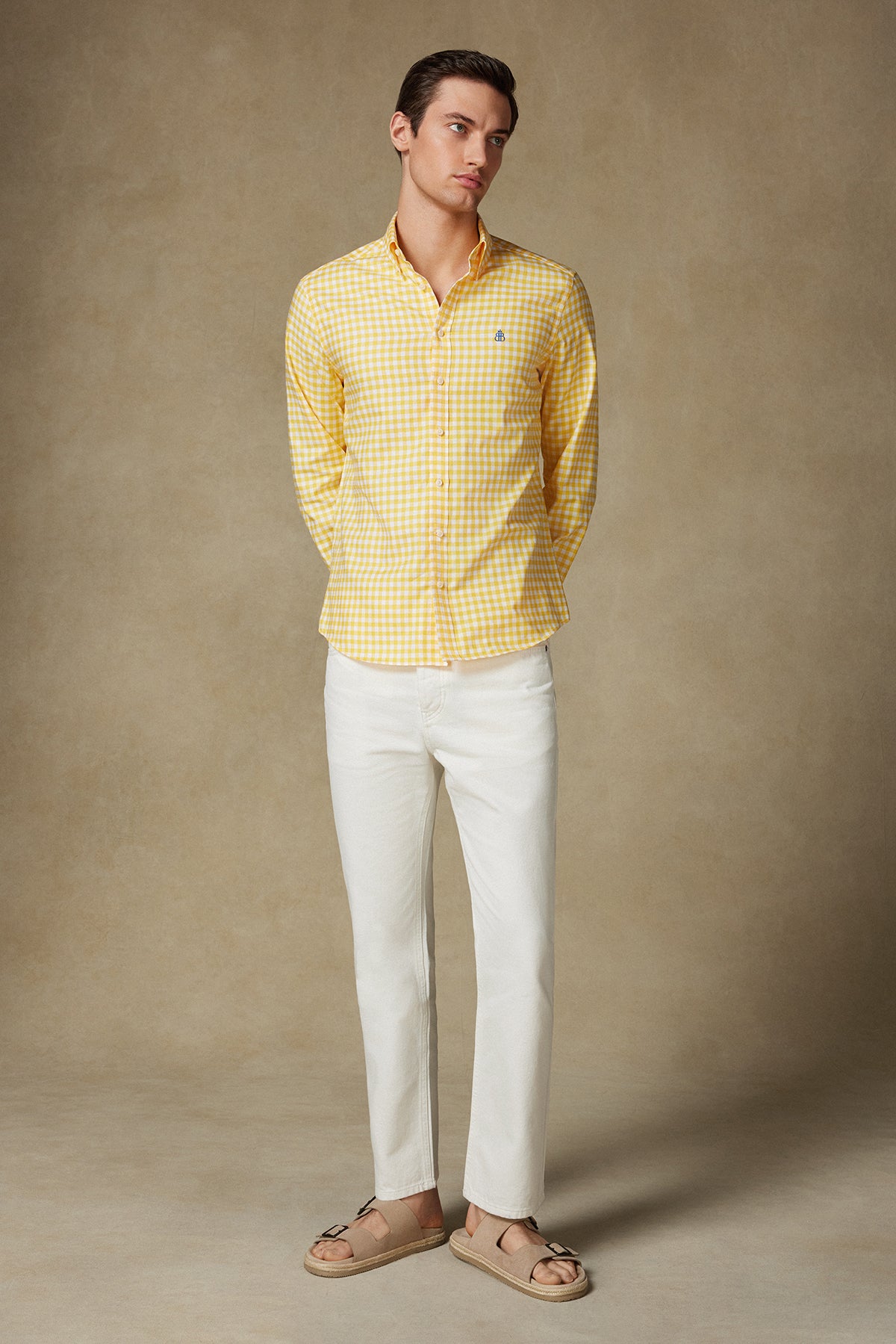 Abbate Lusso Twill Pamuklu Comfort Fit Sarı Düğmeli Yaka Erkek Kareli Gömlek