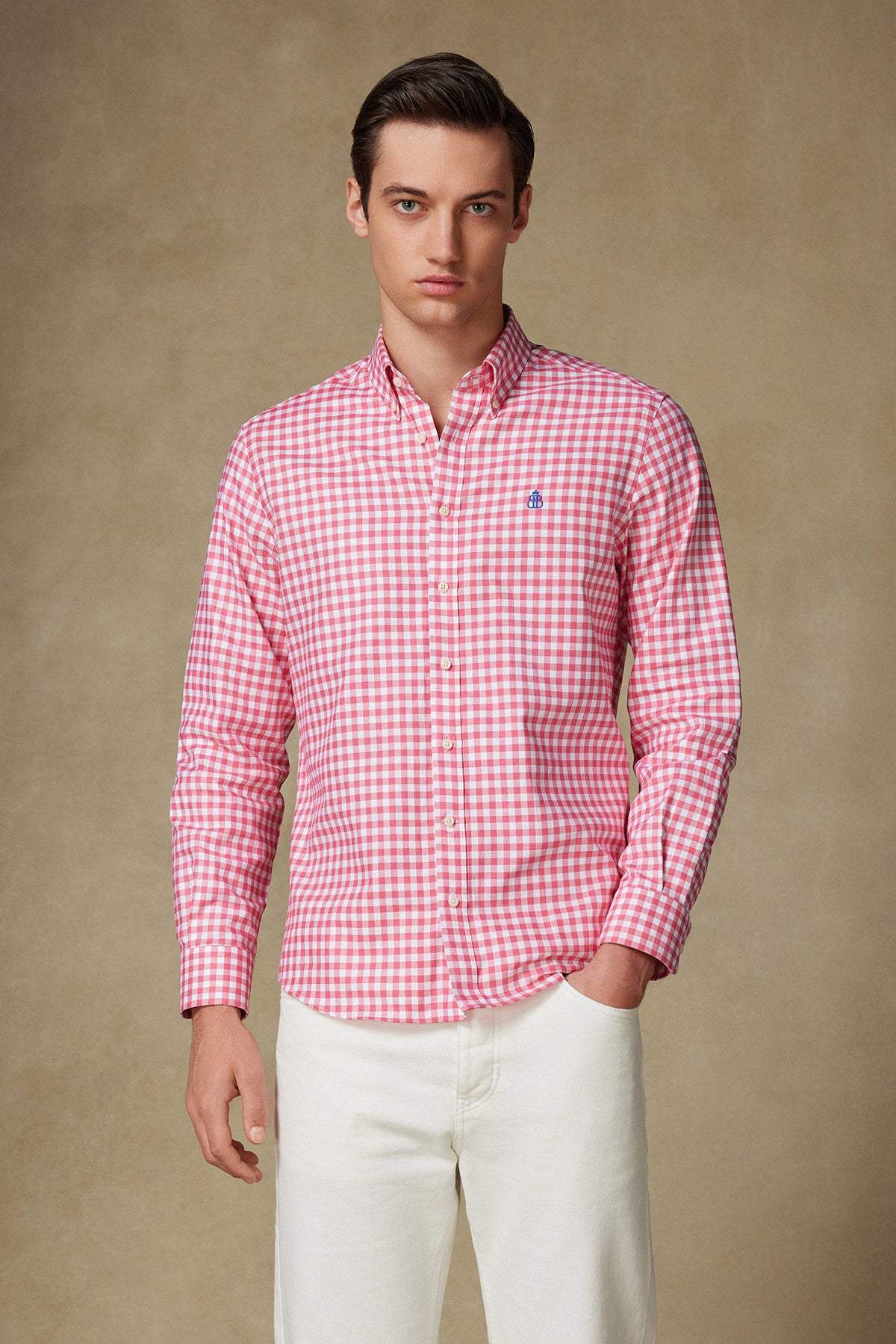 Abbate Lusso Twill Pamuklu Comfort Fit Pembe Düğmeli Yaka Erkek Kareli Gömlek