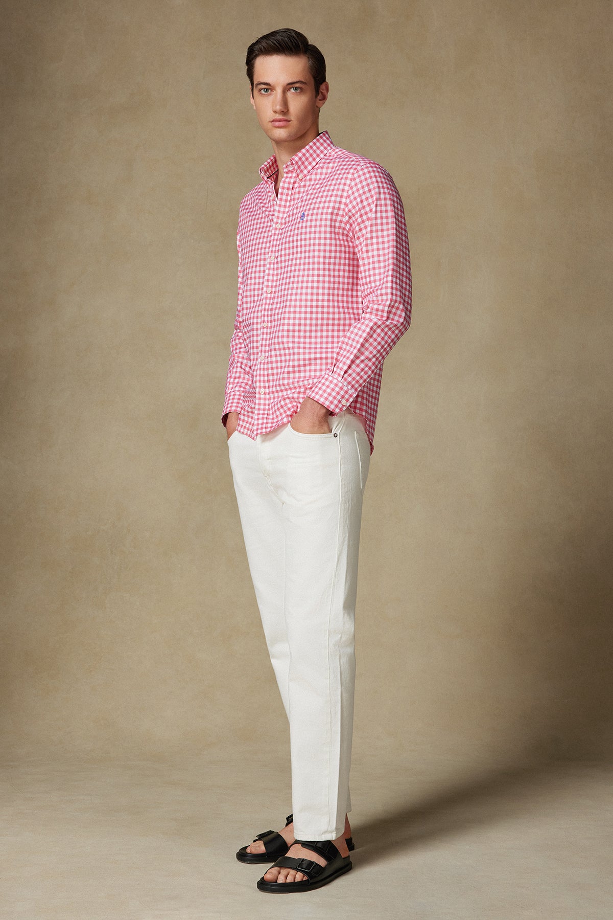 Abbate Lusso Twill Pamuklu Comfort Fit Pembe Düğmeli Yaka Erkek Kareli Gömlek