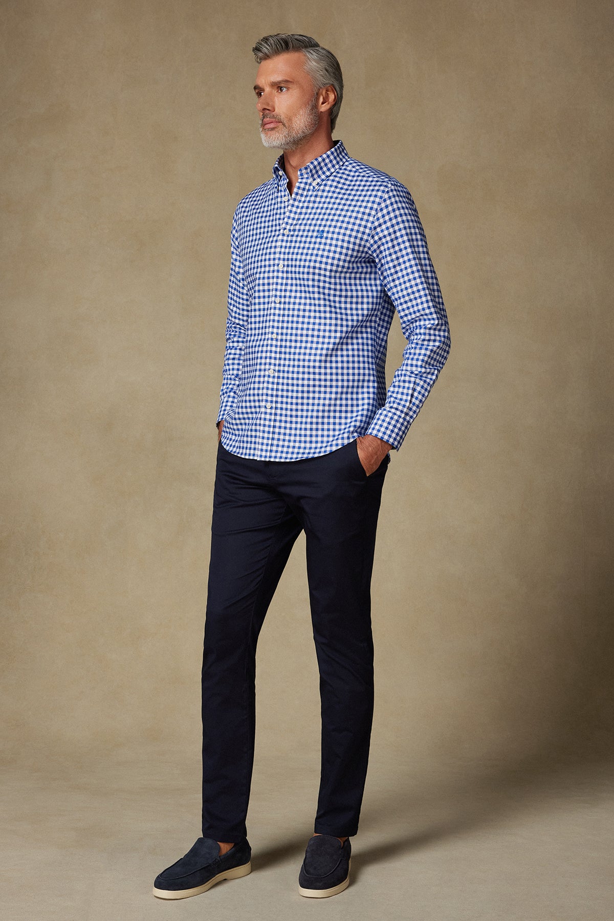 Abbate Lusso Twill Pamuklu Comfort Fit Lacivert Düğmeli Yaka Erkek Kareli Gömlek