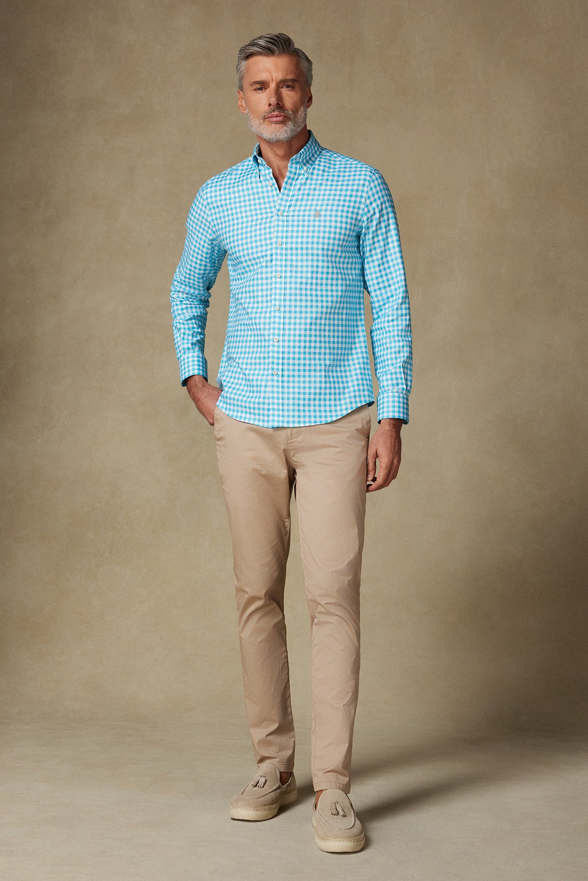 Abbate Lusso Twill Pamuklu Comfort Fit Turkuaz Düğmeli Yaka Erkek Kareli Gömlek