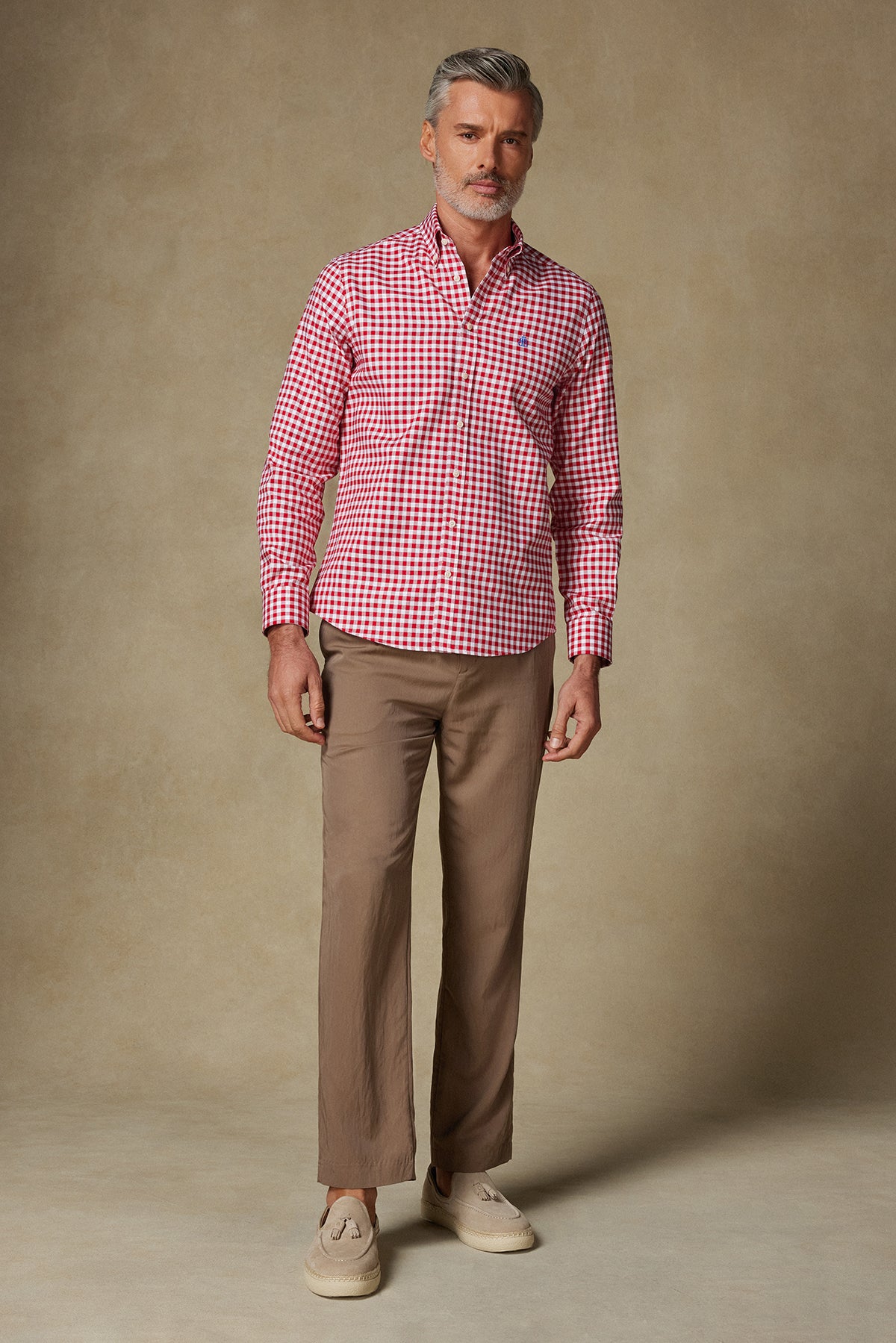 Abbate Lusso Twill Pamuklu Comfort Fit Kırmızı Düğmeli Yaka Erkek Kareli Gömlek