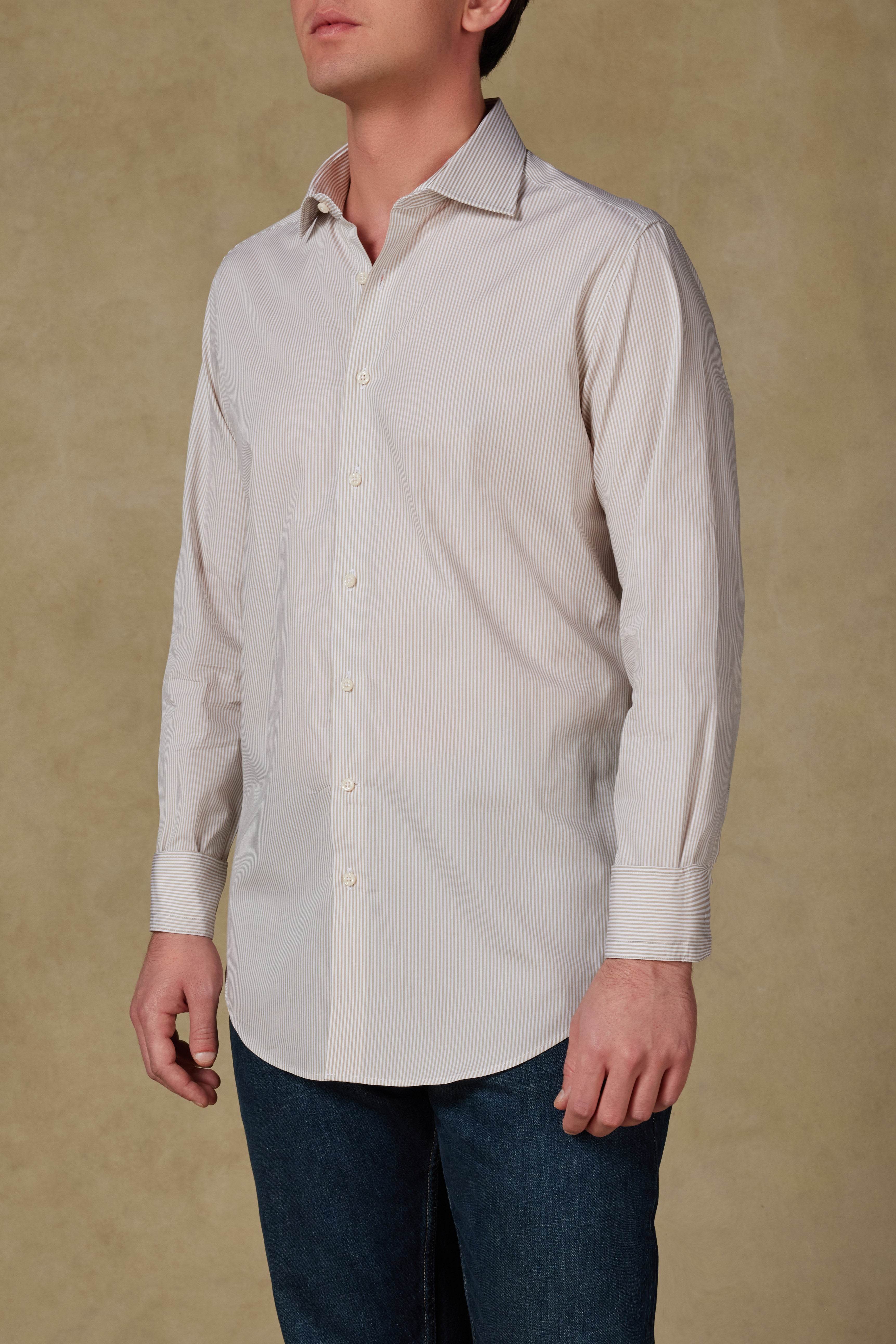 Abbate Marco Poplin Pamuklu Slim Fit Krem Klasik Yaka Erkek Çizgili Gömlek
