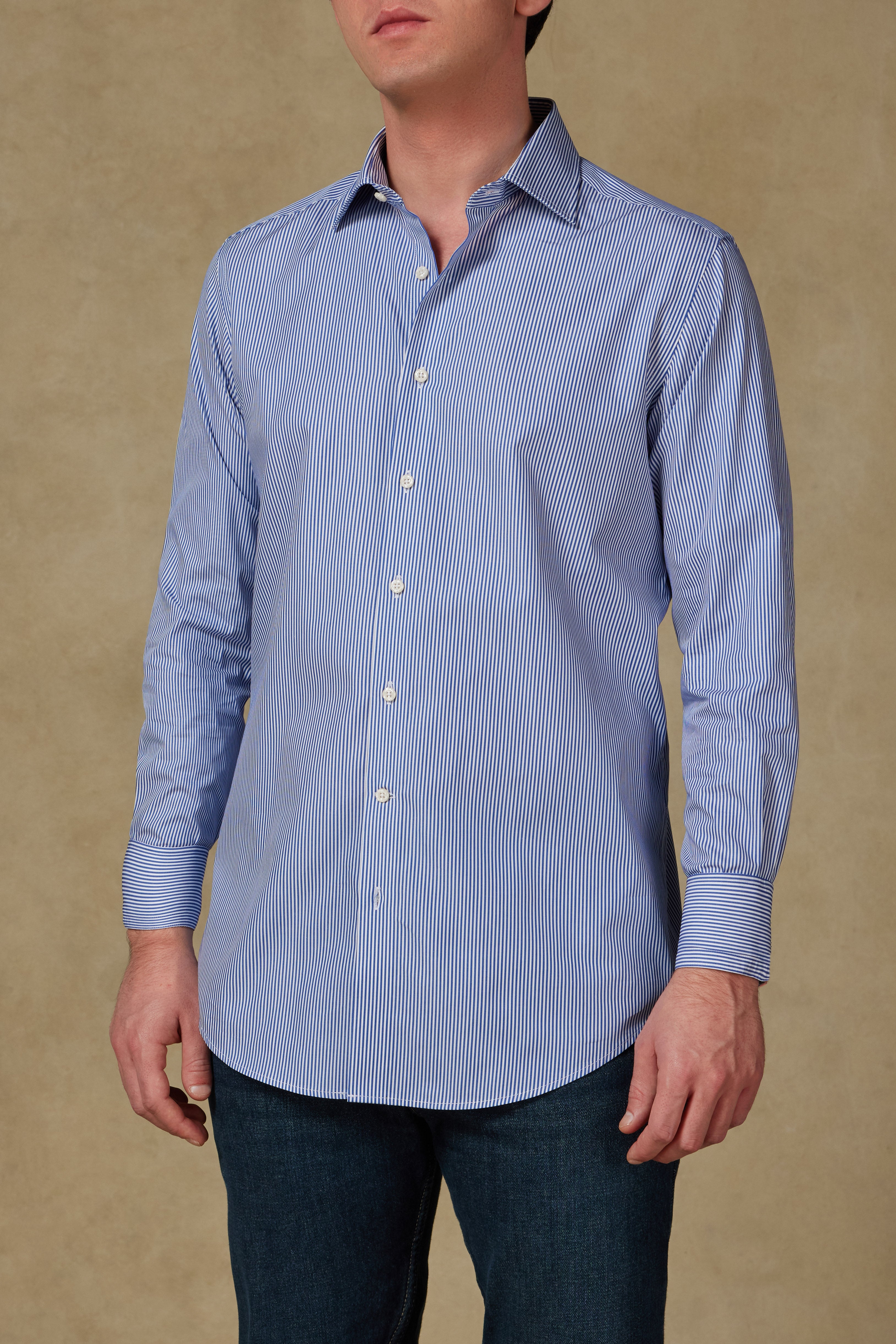 Abbate Marco Poplin Pamuklu Slim Fit Lacivert Klasik Yaka Erkek Çizgili Gömlek