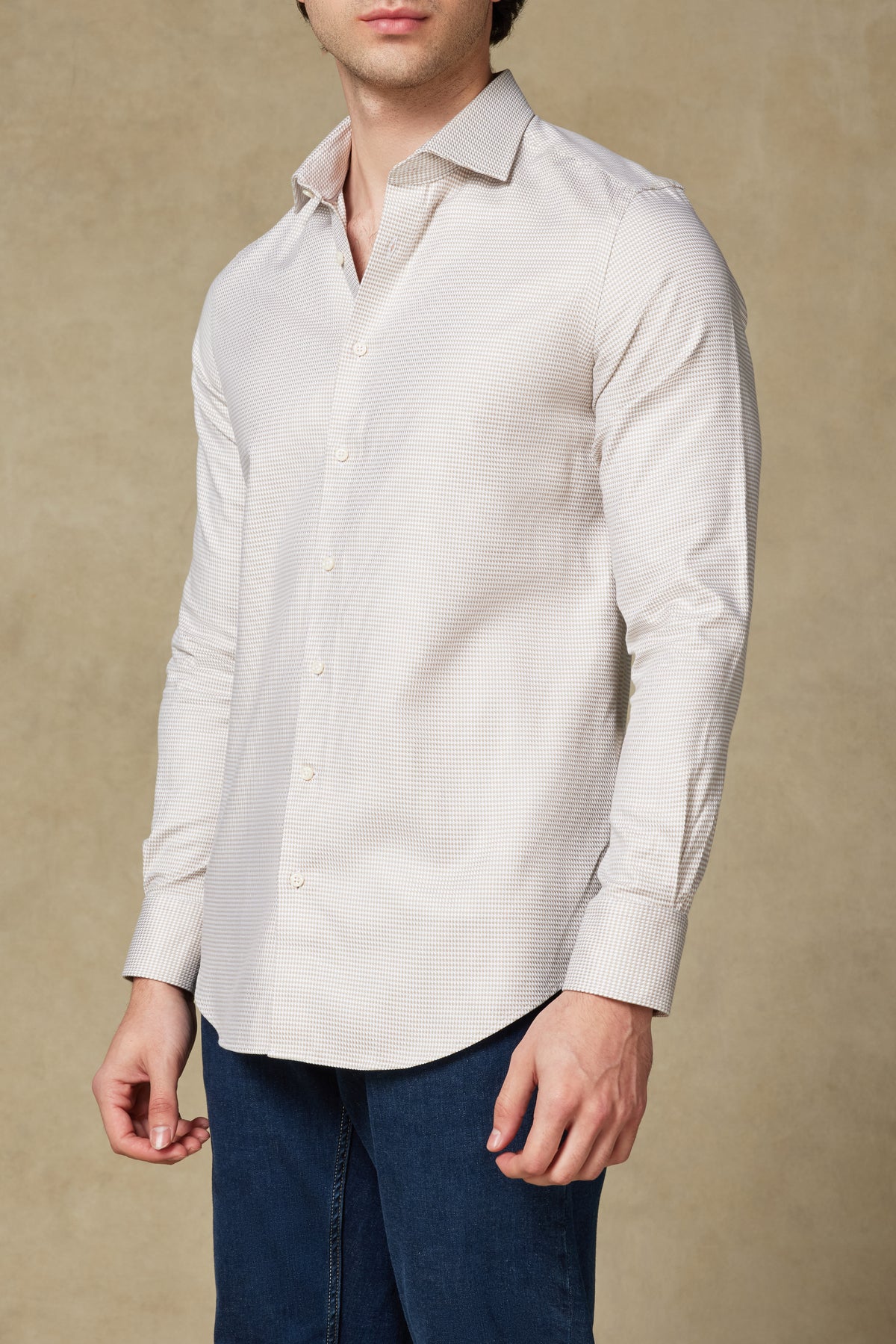 Abbate Marco Armür %100 Pamuk Slim Fit Krem Klasik Yaka Erkek Desenli Gömlek