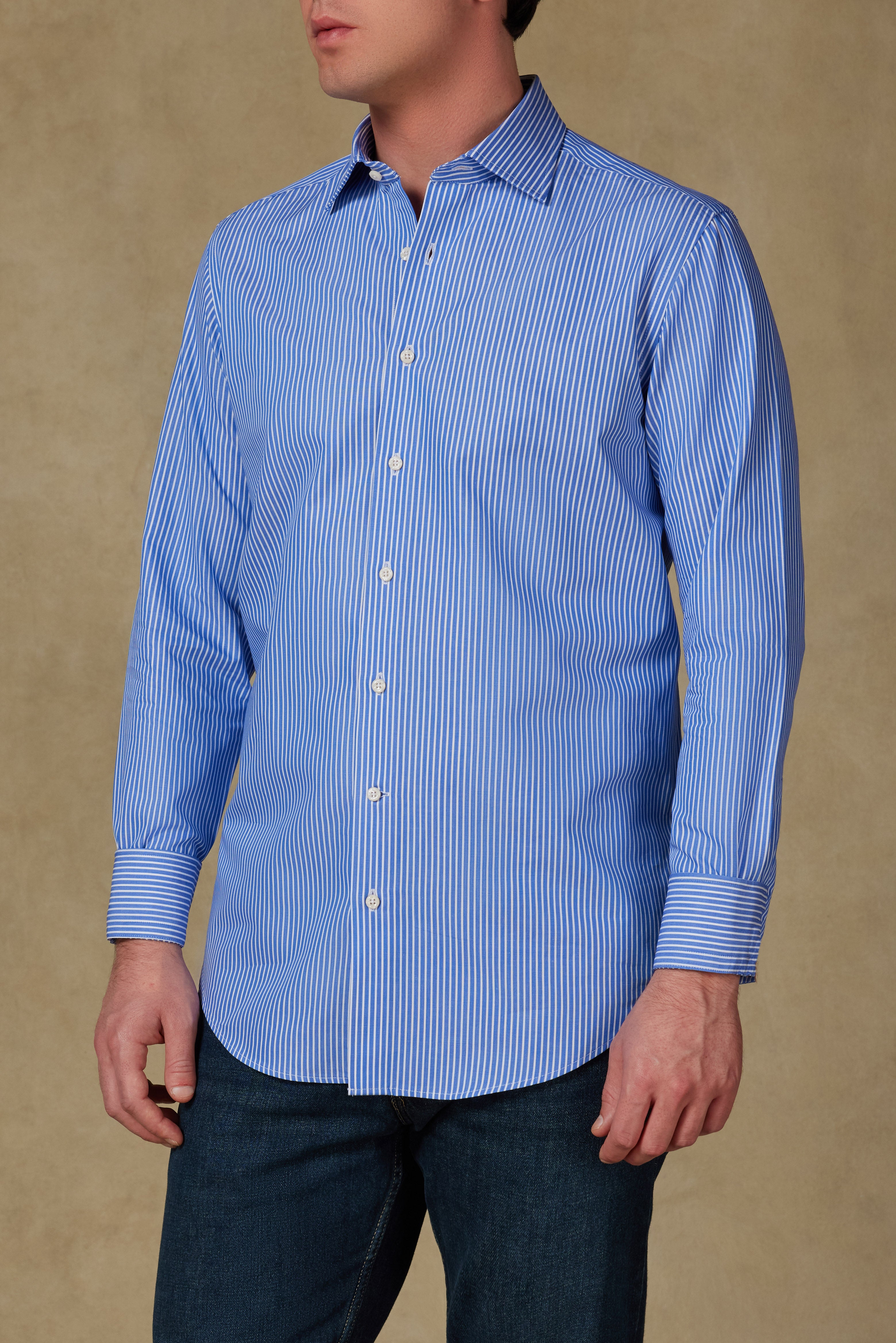 Abbate Marco Twill Pamuklu Slim Fit Mavi Klasik Yaka Erkek Çizgili Gömlek