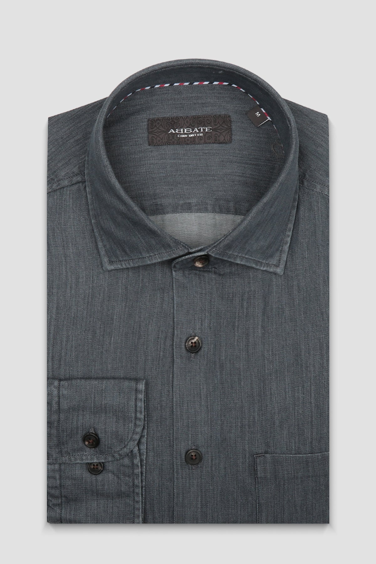Abbate Santo Twill Pamuklu Comfort Fit Koyu Gri Düğmeli Yaka Erkek Düz Gömlek