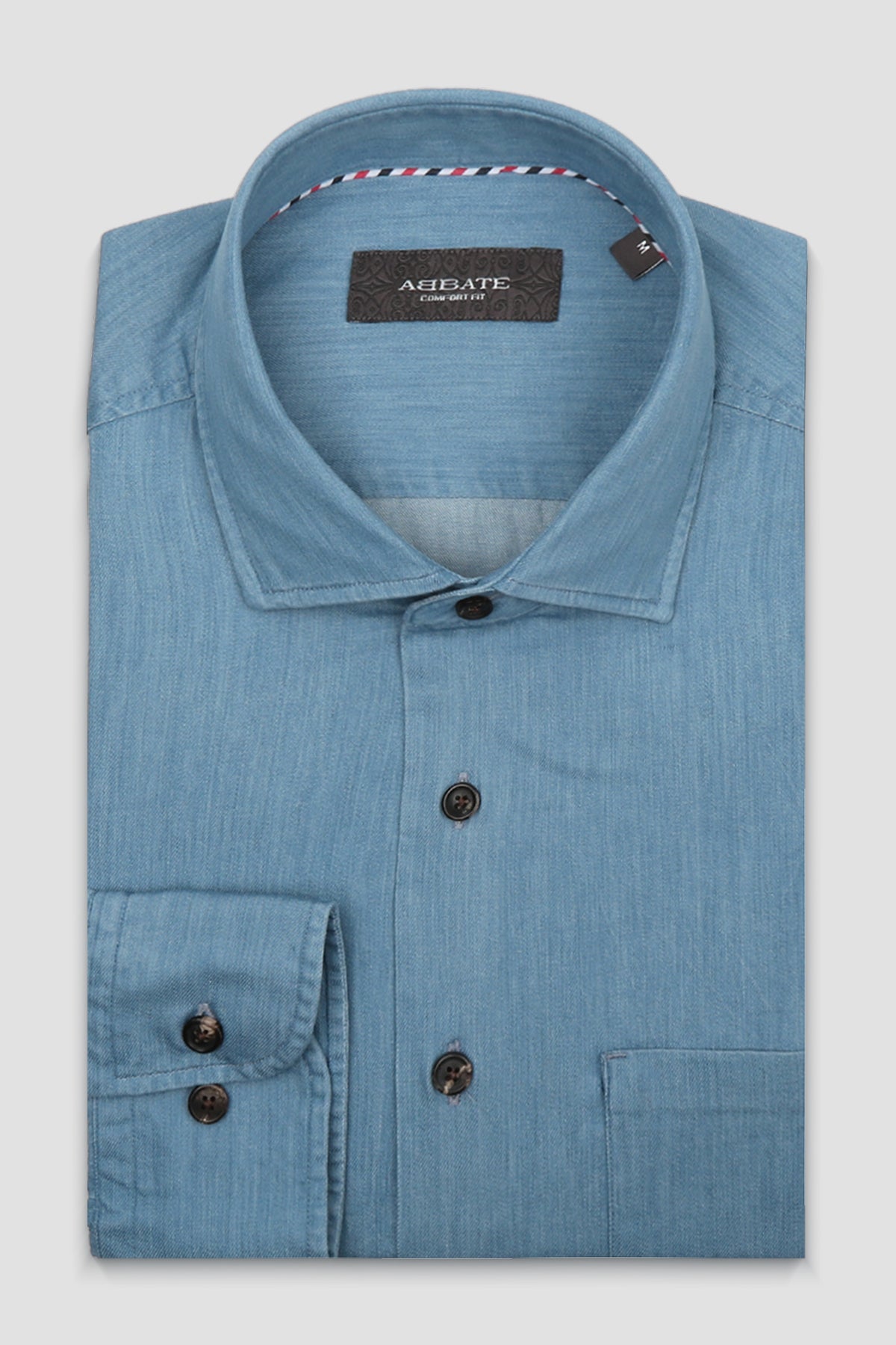 Abbate Santo Twill Pamuklu Comfort Fit Mavi Düğmeli Yaka Erkek Düz Gömlek