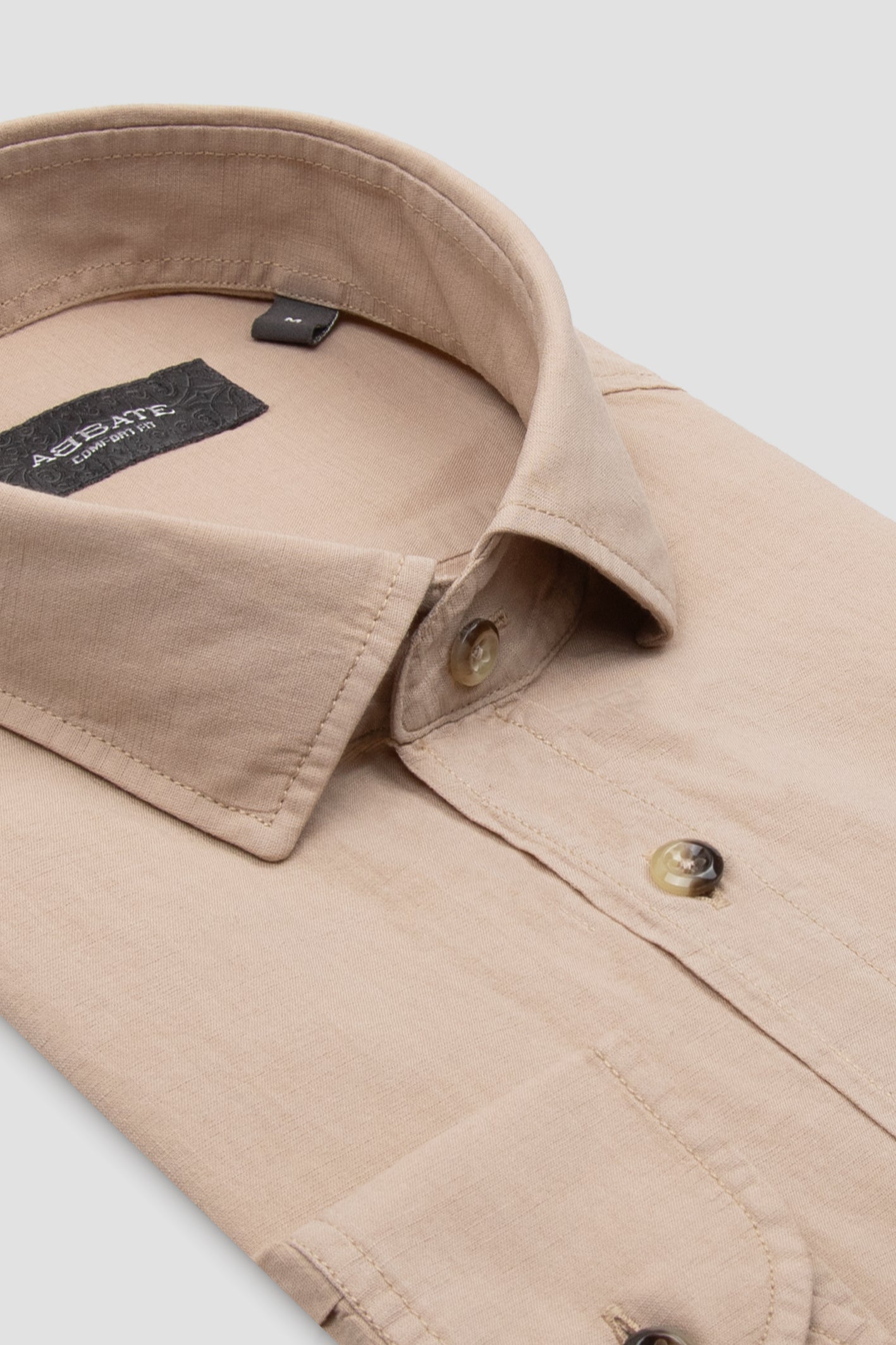 Abbate Costa Keten Pamuk Keten Karışımlı Comfort Fit Bej Klasik Yaka Erkek Düz Gömlek