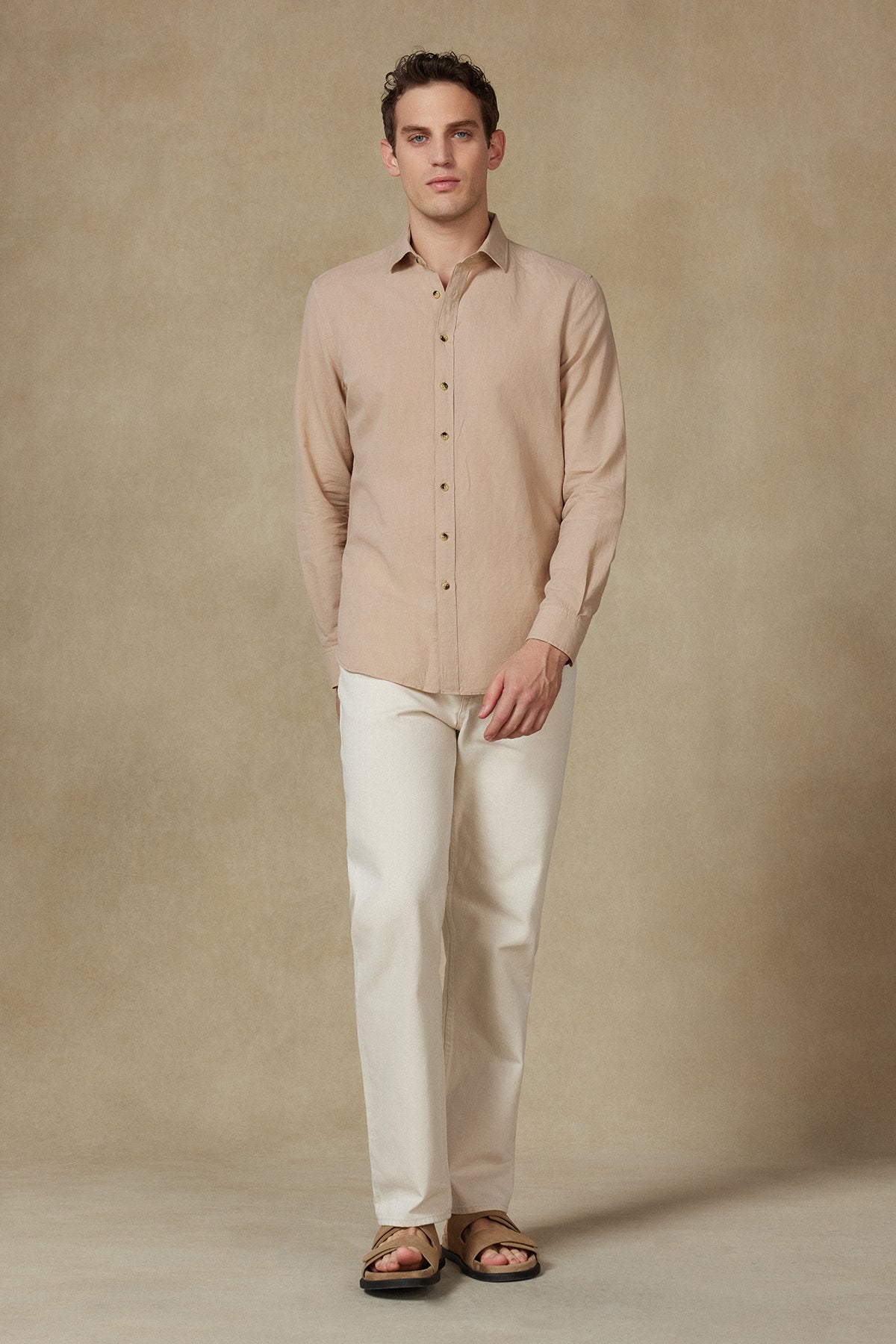 Abbate Costa Keten Pamuk Keten Karışımlı Comfort Fit Bej Klasik Yaka Erkek Düz Gömlek
