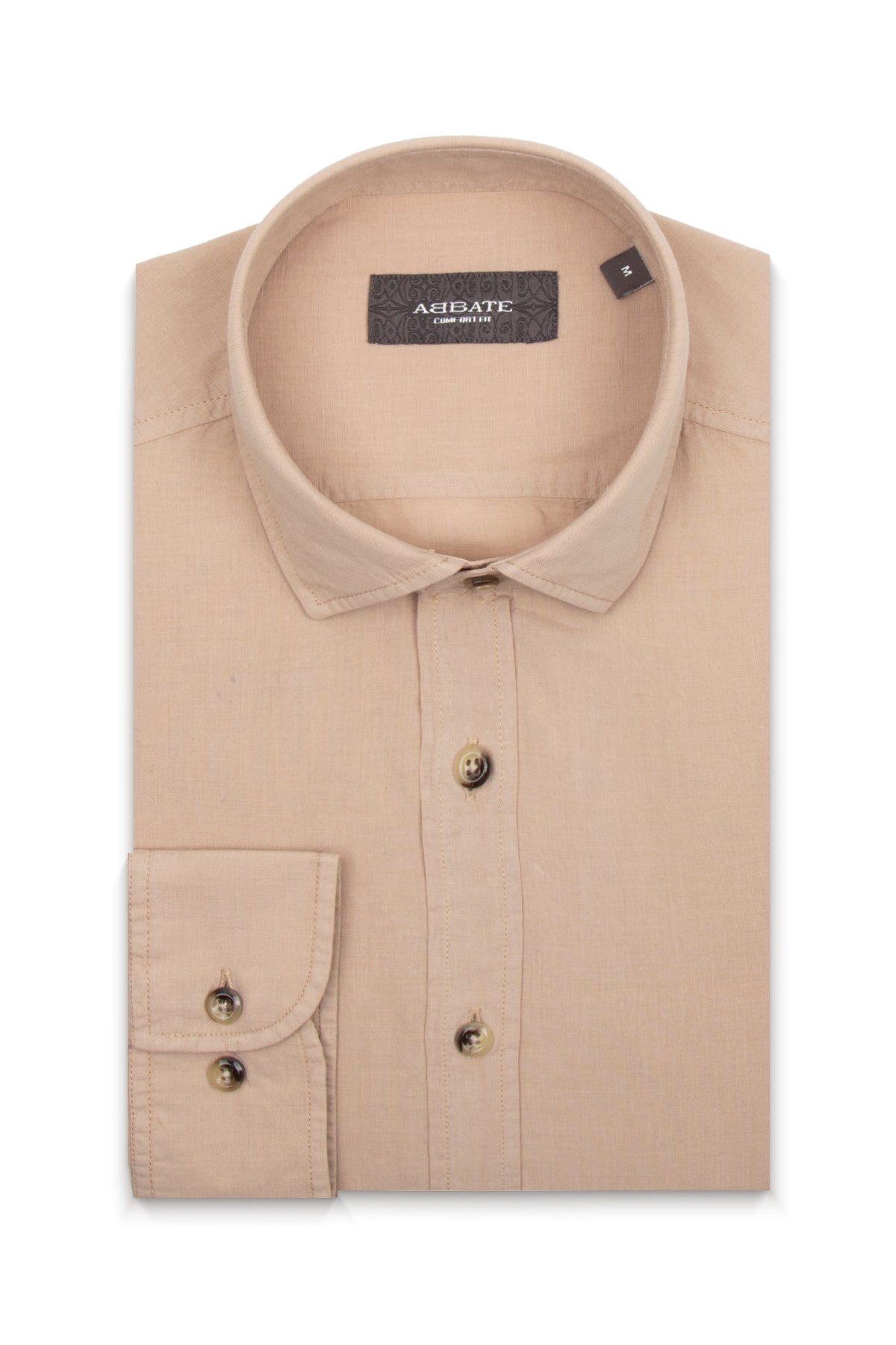 Abbate Costa Keten Pamuk Keten Karışımlı Comfort Fit Bej Klasik Yaka Erkek Düz Gömlek