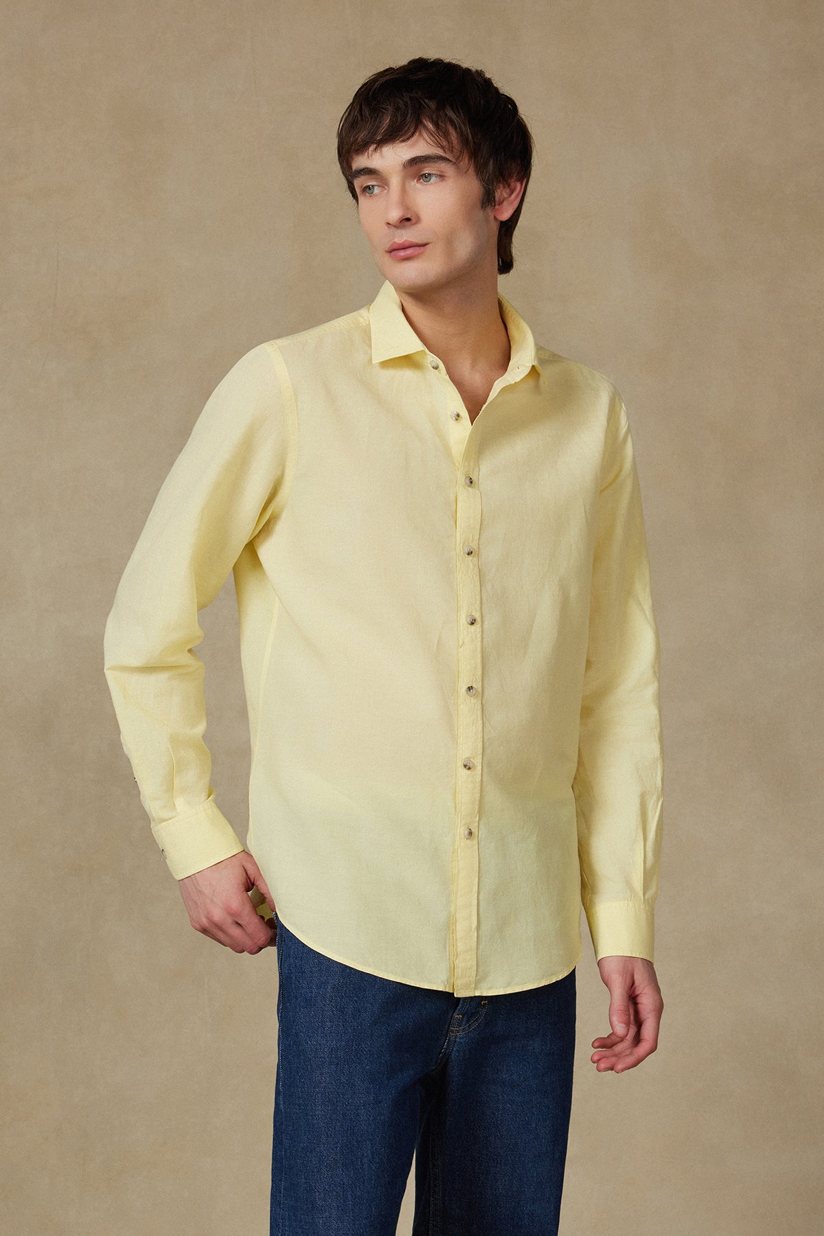 Abbate Costa Keten Pamuk Keten Karışımlı Comfort Fit Sarı Klasik Yaka Erkek Düz Gömlek
