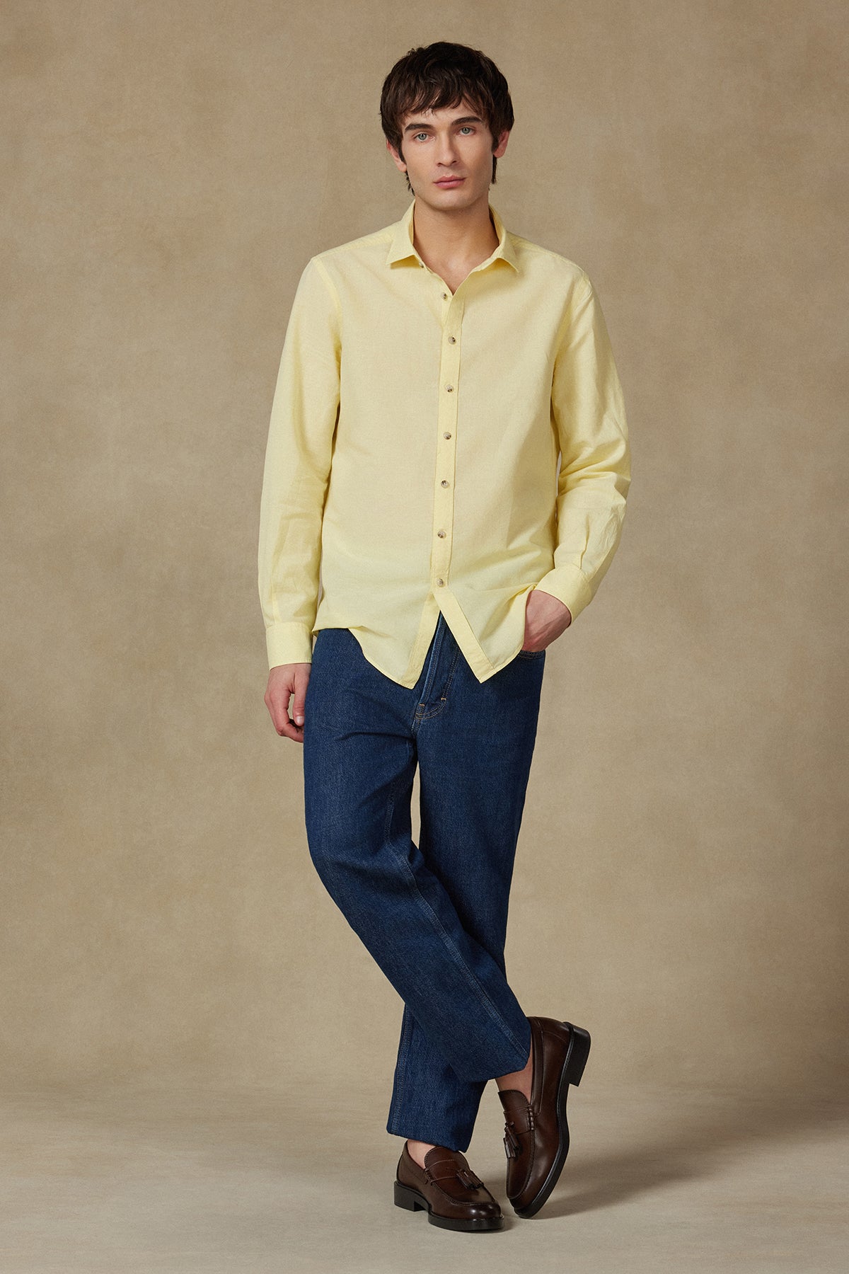 Abbate Costa Keten Pamuk Keten Karışımlı Comfort Fit Sarı Klasik Yaka Erkek Düz Gömlek