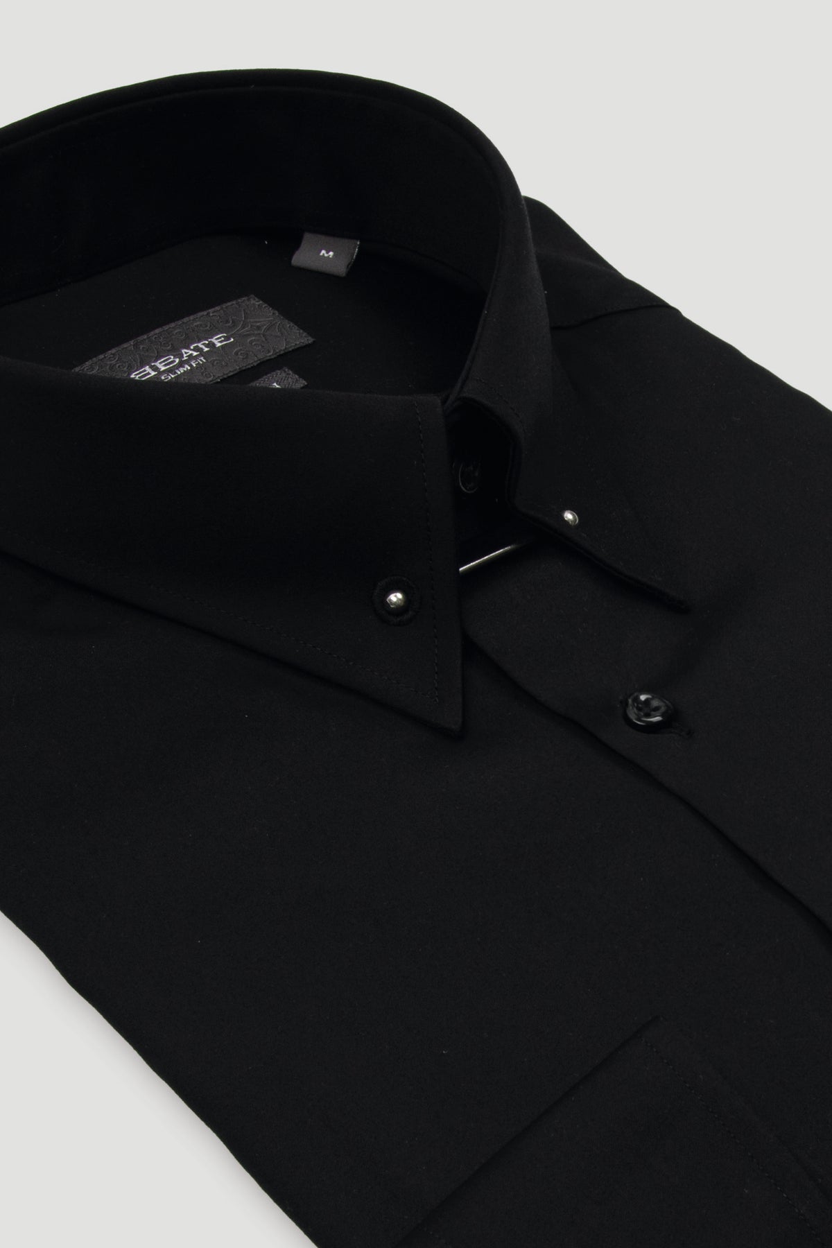 Abbate Pino Saten %100 Pamuk Slim Fit Siyah İğneli Yaka Erkek Düz Gömlek