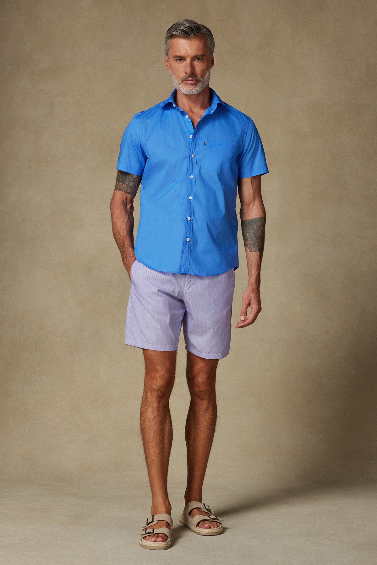 Abbate Sky Poplin Pamuklu Comfort Fit Mor Erkek Çizgili Şort