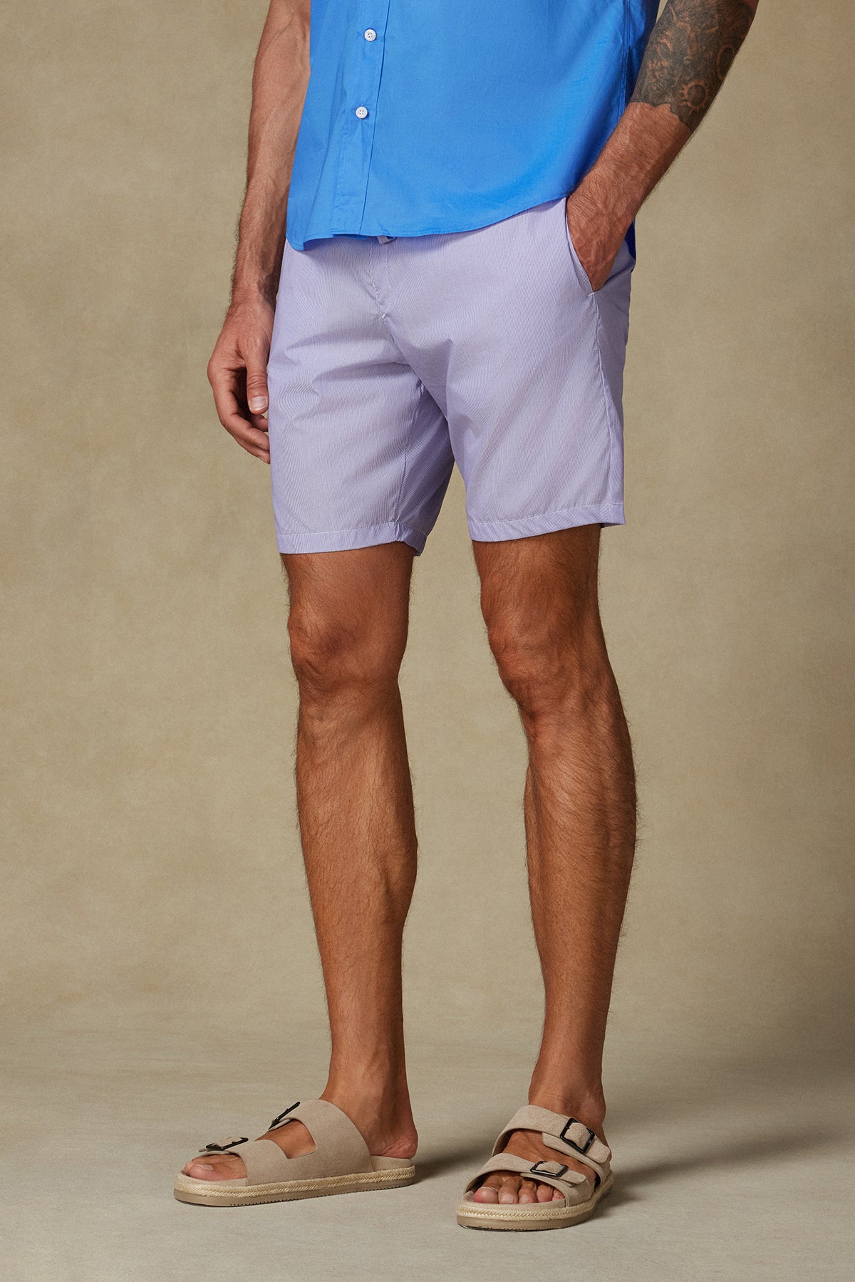 Abbate Sky Poplin Pamuklu Comfort Fit Mor Erkek Çizgili Şort