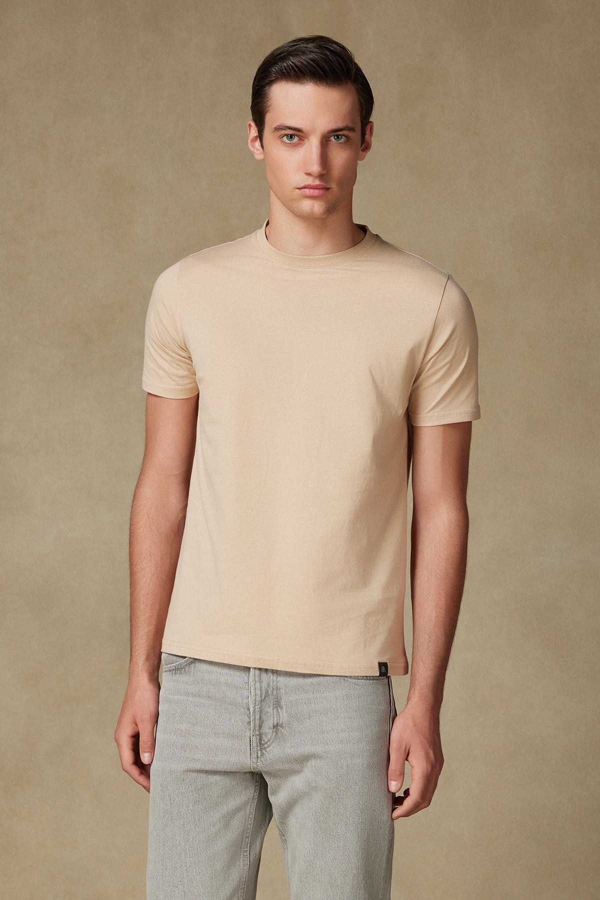 Abbate Easy Penye Pamuklu Comfort Fit Bej Bisiklet Yaka Erkek Düz T-Shirt