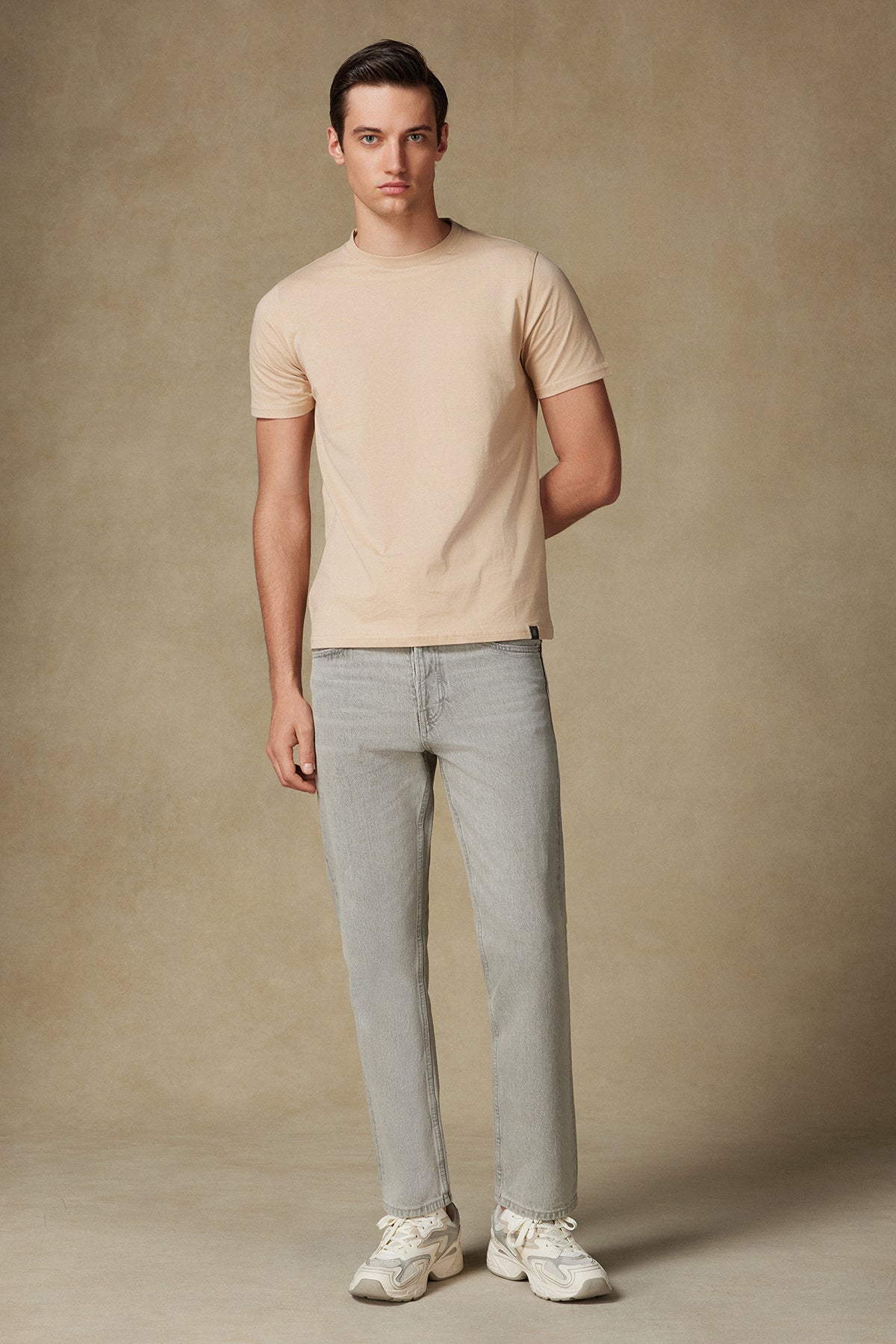 Abbate Easy Penye Pamuklu Comfort Fit Bej Bisiklet Yaka Erkek Düz T-Shirt