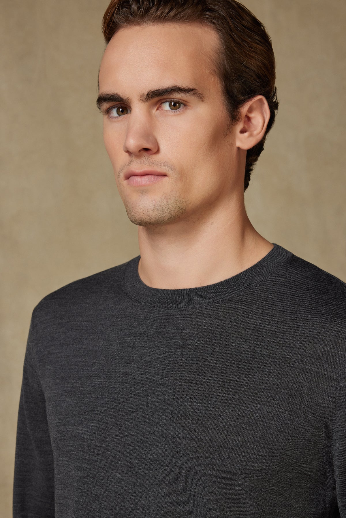 Abbate Salvano Örme %100 Yün Modern Fit Gri Bisiklet Yaka Erkek Düz Triko