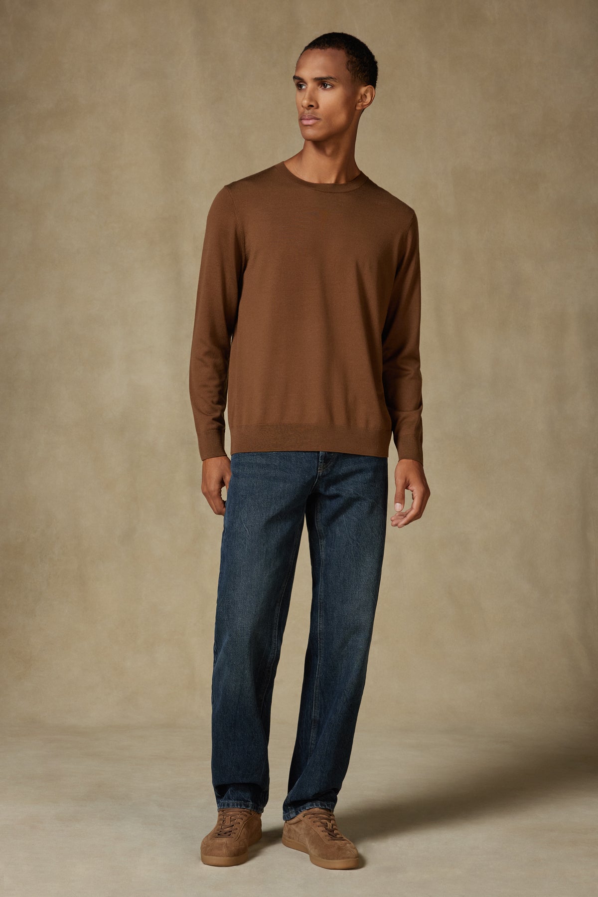 Abbate Salvano Örme %100 Yün Modern Fit Kahverengi Bisiklet Yaka Erkek Düz Triko