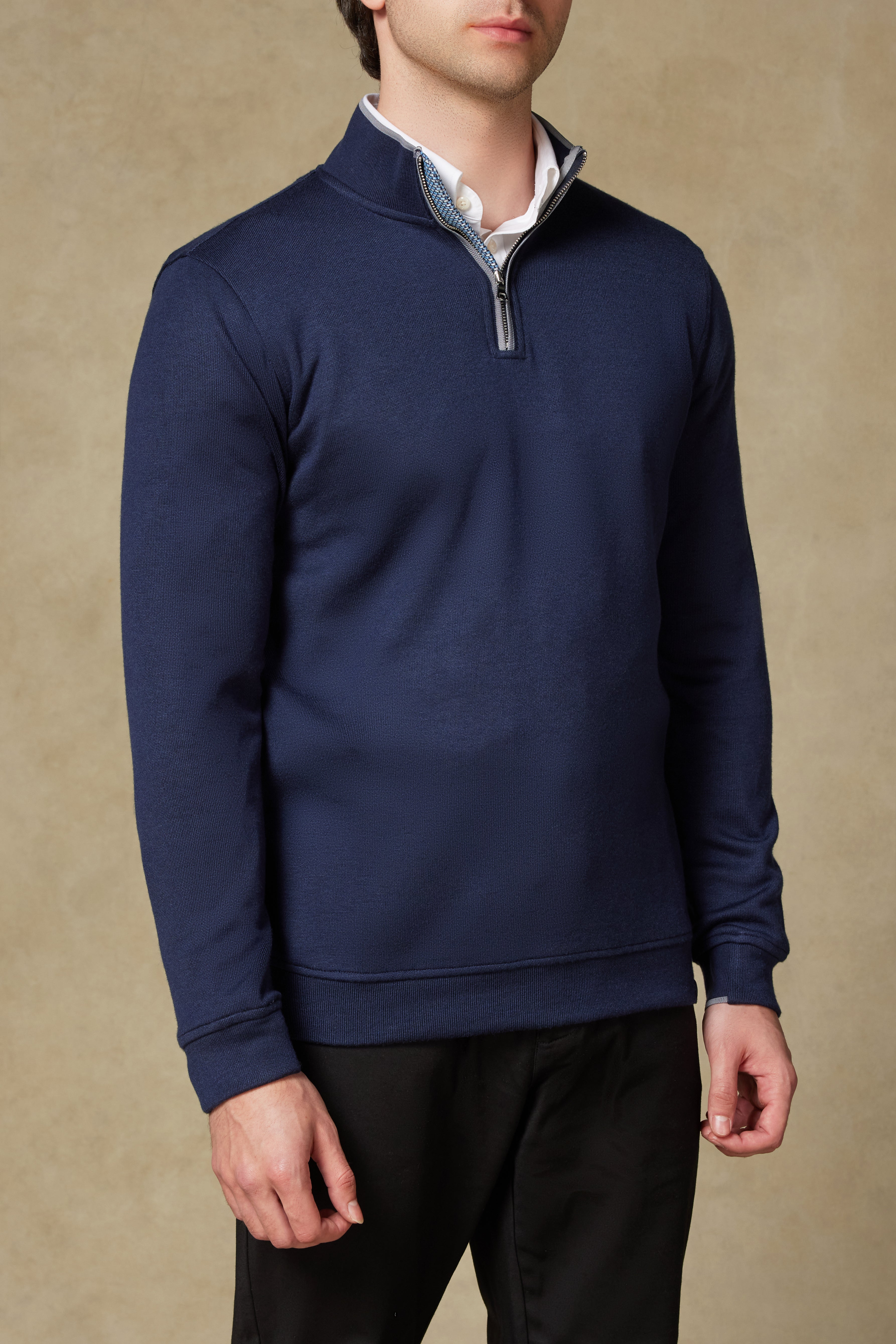 Abbate Fiero Örme Kumaş Viskon Karışımlı Modern Fit Lacivert Dik Yaka Erkek Düz Sweatshirt