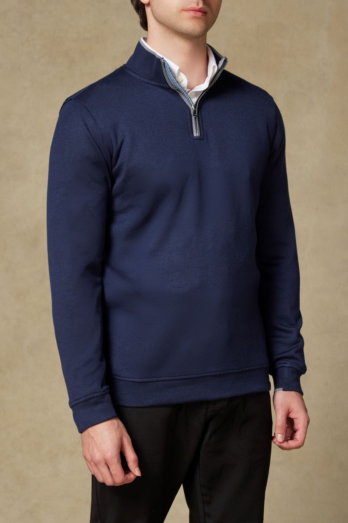 Abbate Fiero Örme Kumaş Viskon Karışımlı Modern Fit Lacivert Dik Yaka Erkek Düz Sweatshirt